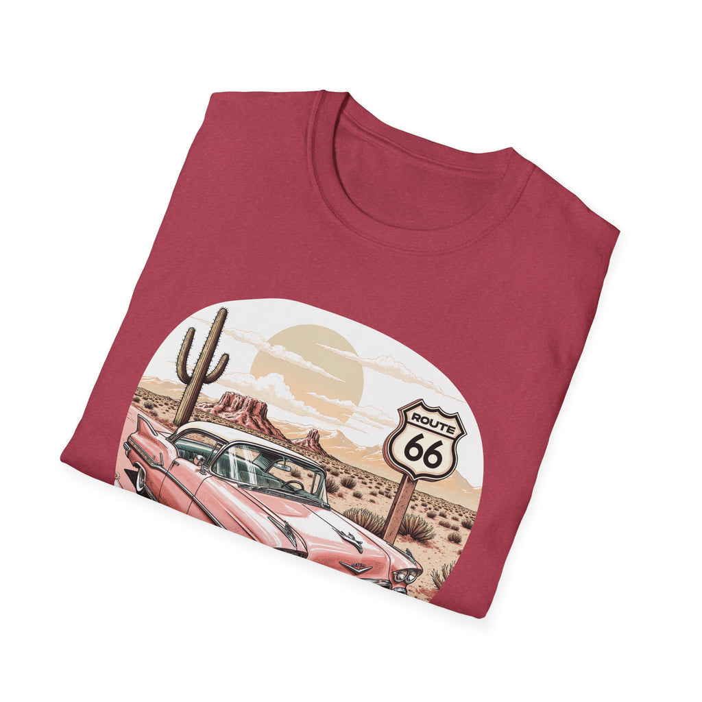 Retro Pink Classic Car Route 66 T-Shirt | Desert Cactus Vintage Roadtrip