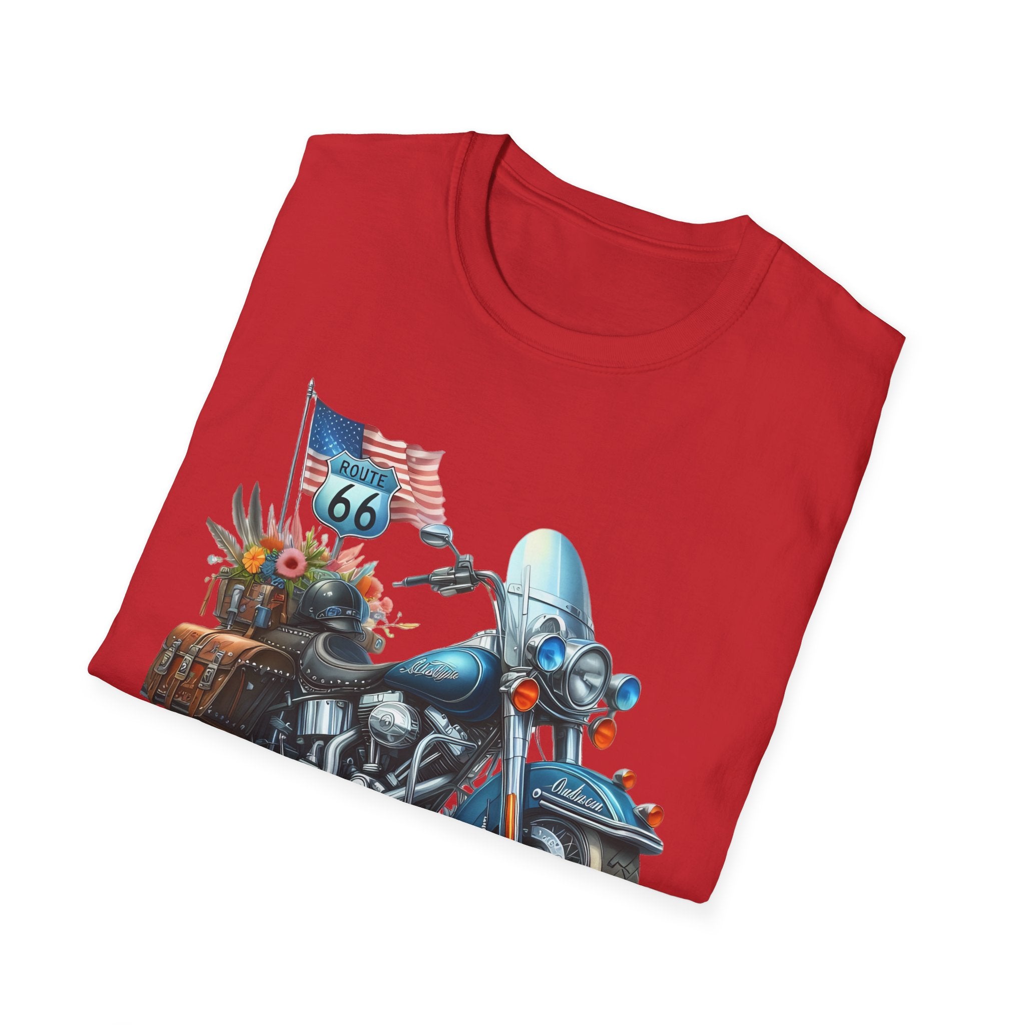 Route 66 Motorcycle Illustration T-Shirt | American Flag, Sunflowers