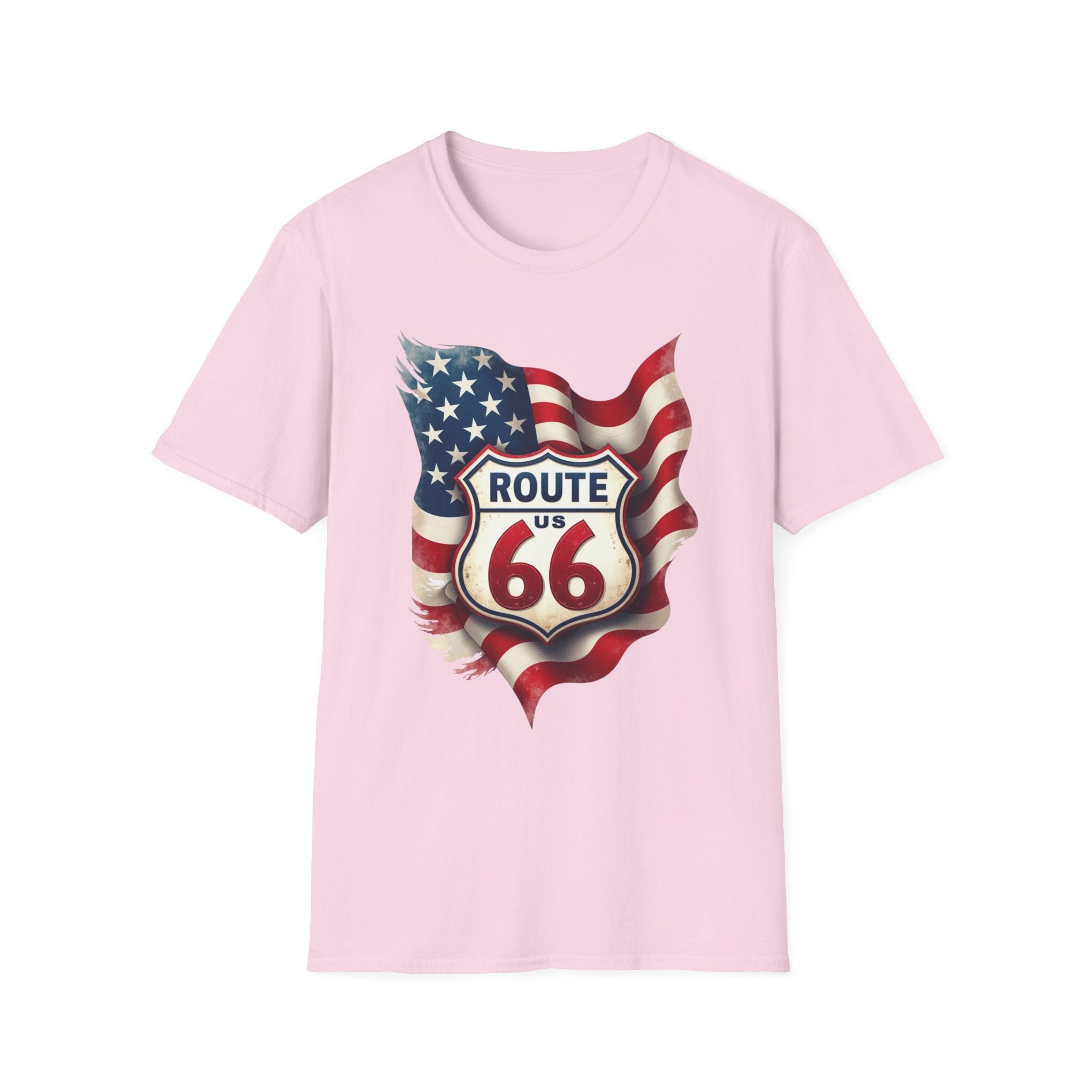 Route 66 Shield with American Flag T-Shirt | Vintage Road Trip Tee