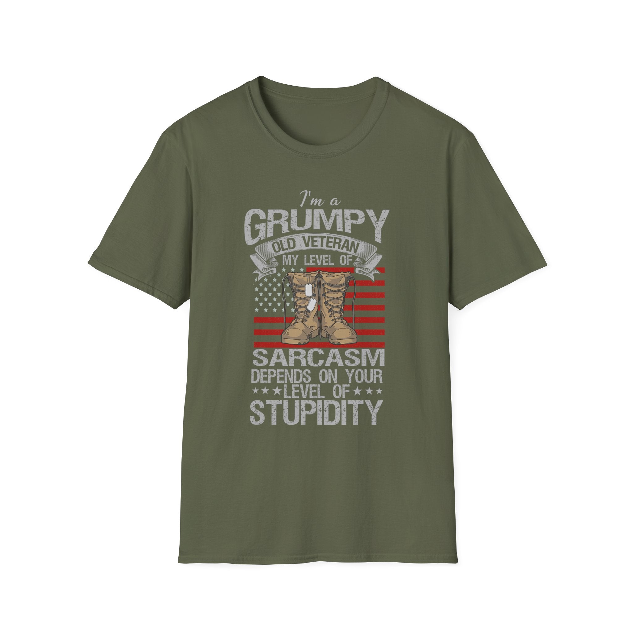 Grumpy Old Veteran Boots, T-Shirt | American Flag, Sarcasm Depends on Stupidity