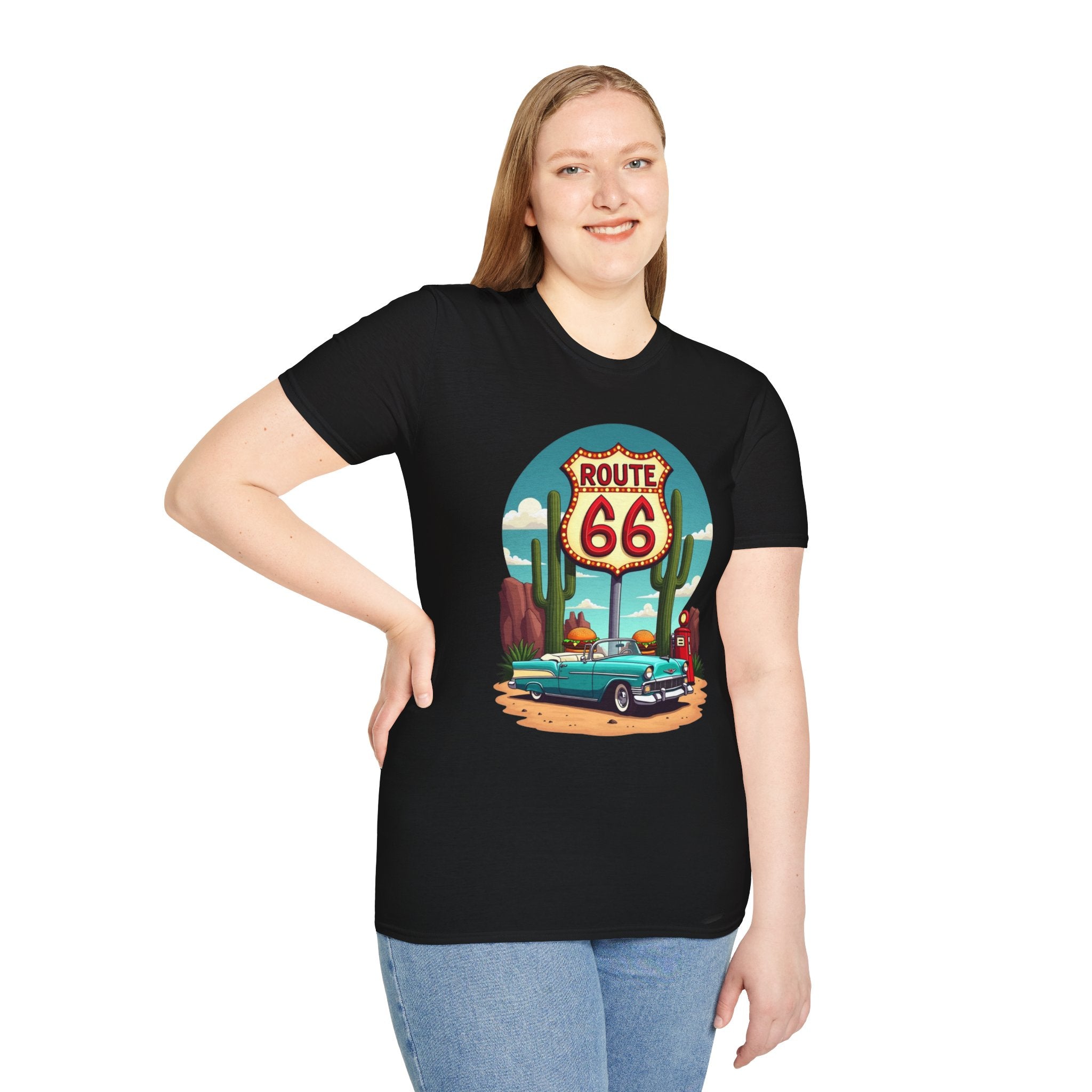Route 66 Classic Car T-Shirt | Retro Desert Road Sign, Vintage Convertible
