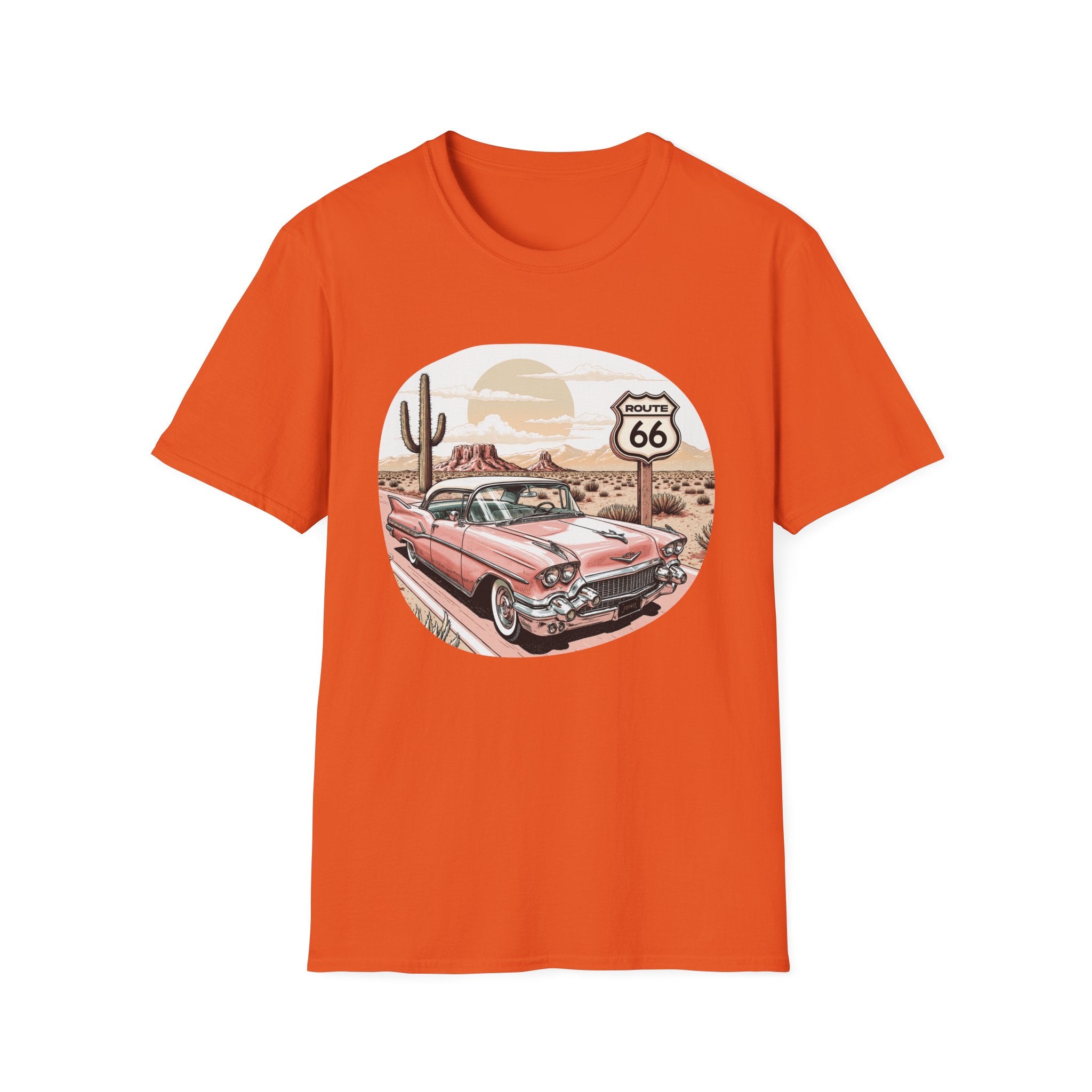 Retro Pink Classic Car Route 66 T-Shirt | Desert Cactus Vintage Roadtrip