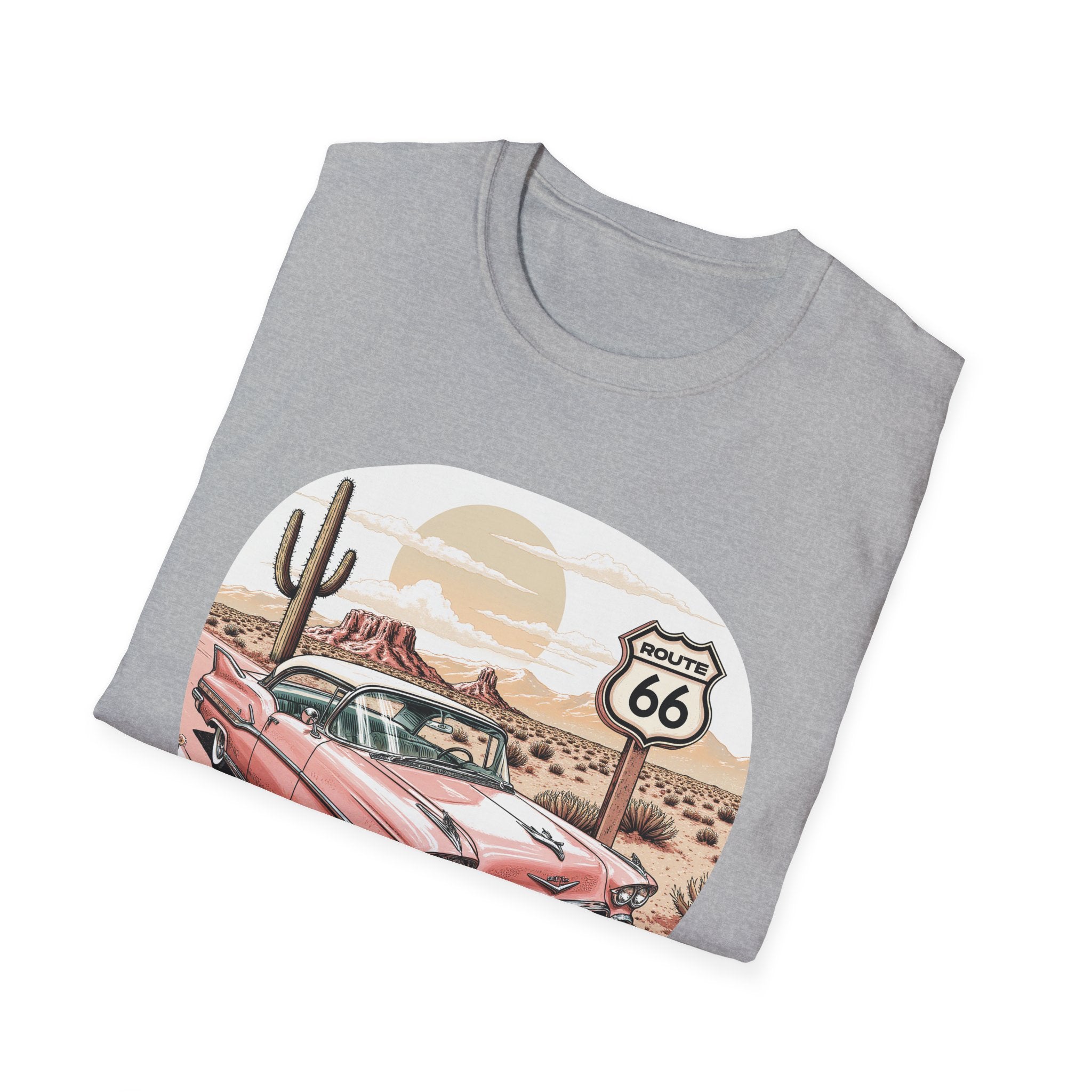 Retro Pink Classic Car Route 66 T-Shirt | Desert Cactus Vintage Roadtrip