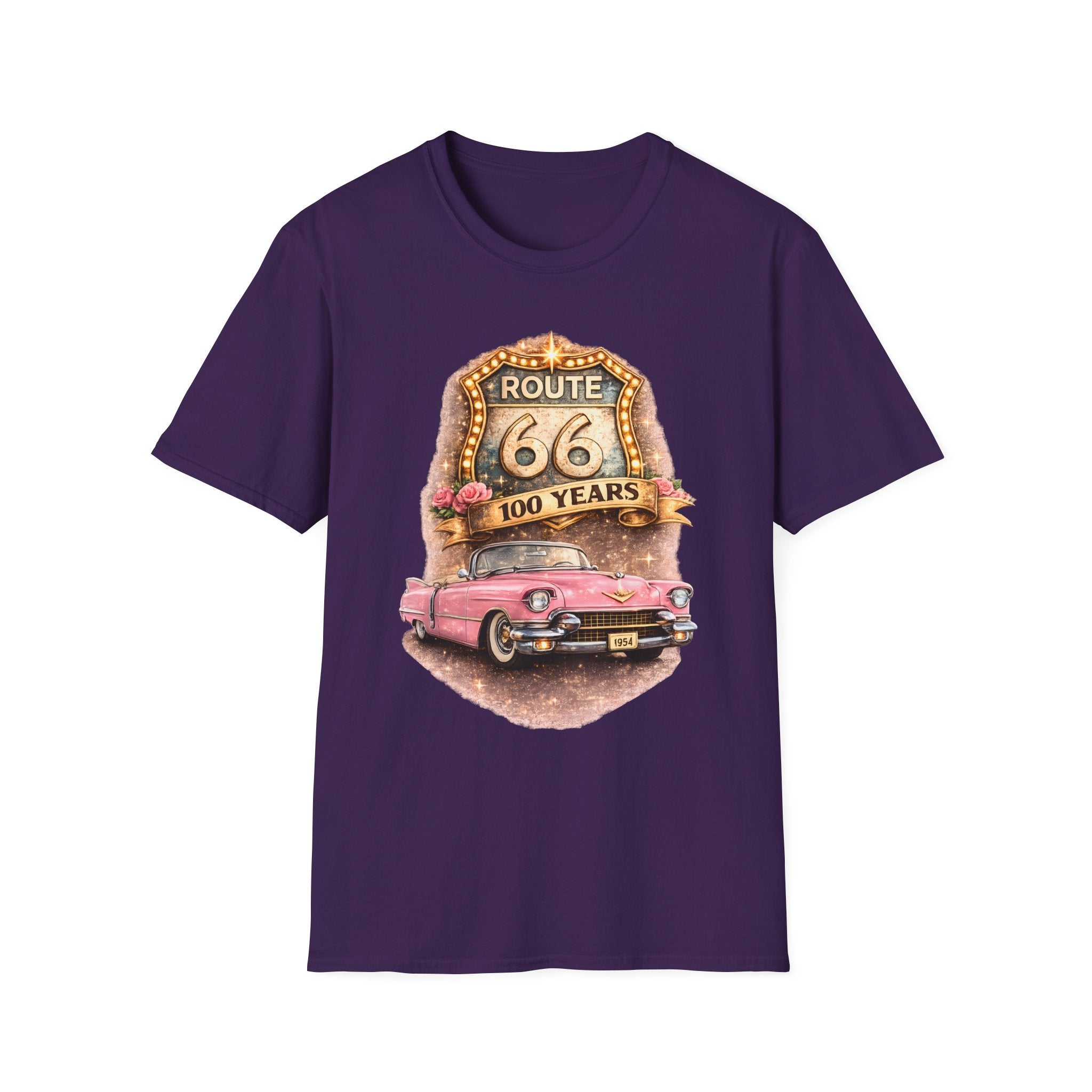 Route 66 100 Years Pink Classic Car T-Shirt | Vintage Road Trip Tee