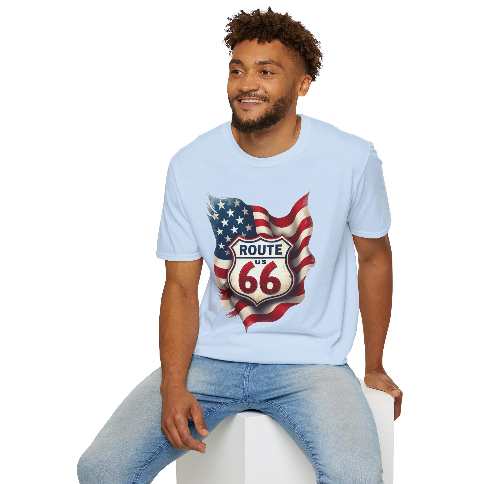 Route 66 Shield with American Flag T-Shirt | Vintage Road Trip Tee