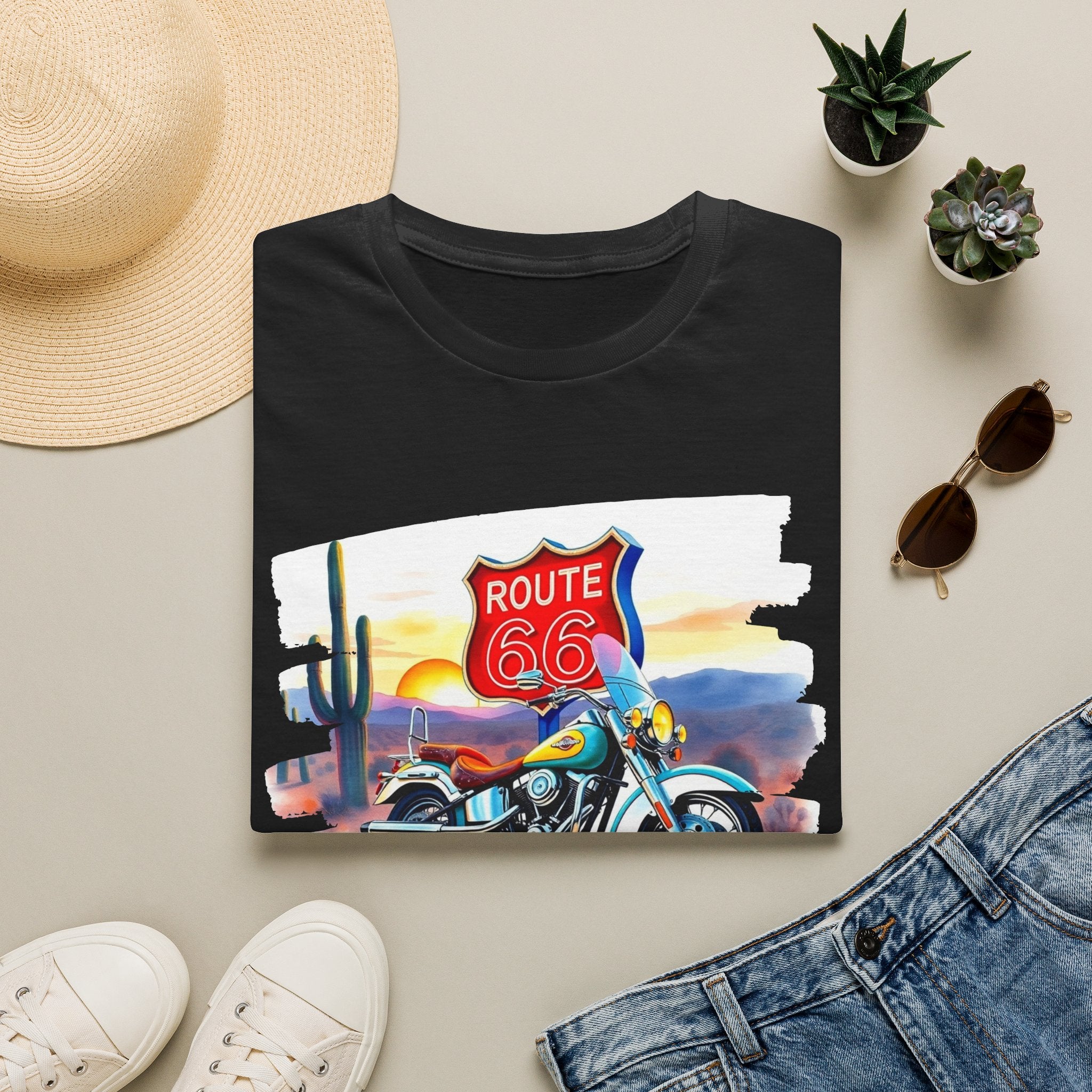 Route 66 Motorcycle T-Shirt | Desert Sunset Biker Graphic