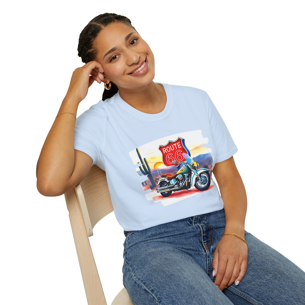 Route 66 Motorcycle T-Shirt | Desert Sunset Biker Graphic