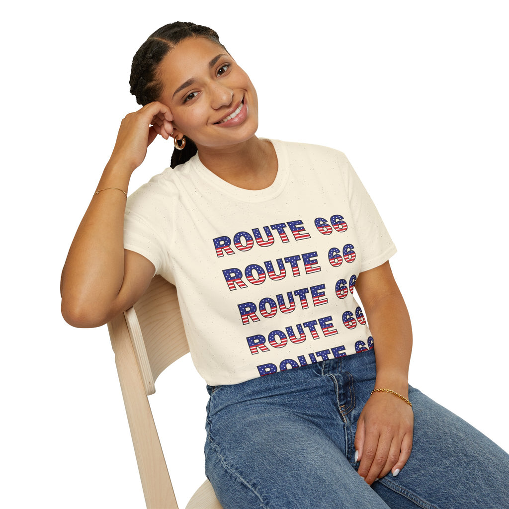 Route 66 Retro Text T-Shirt | American Flag Roadtrip Graphic