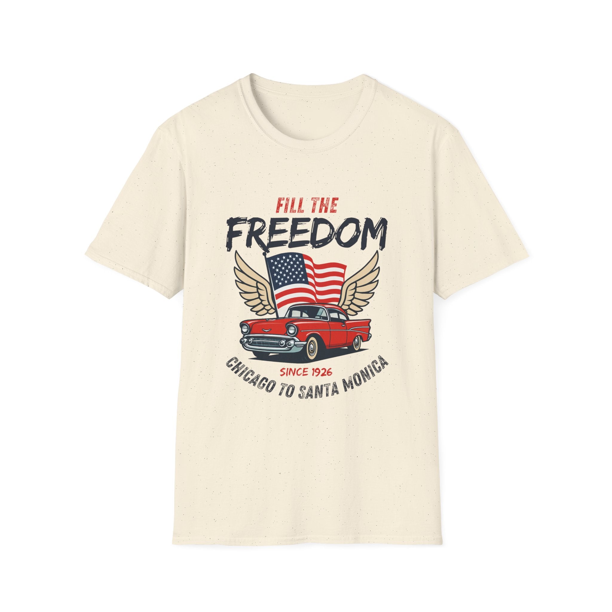 Fill the Freedom Vintage Car T-Shirt | American Flag Wings Chicago to Santa Monica
