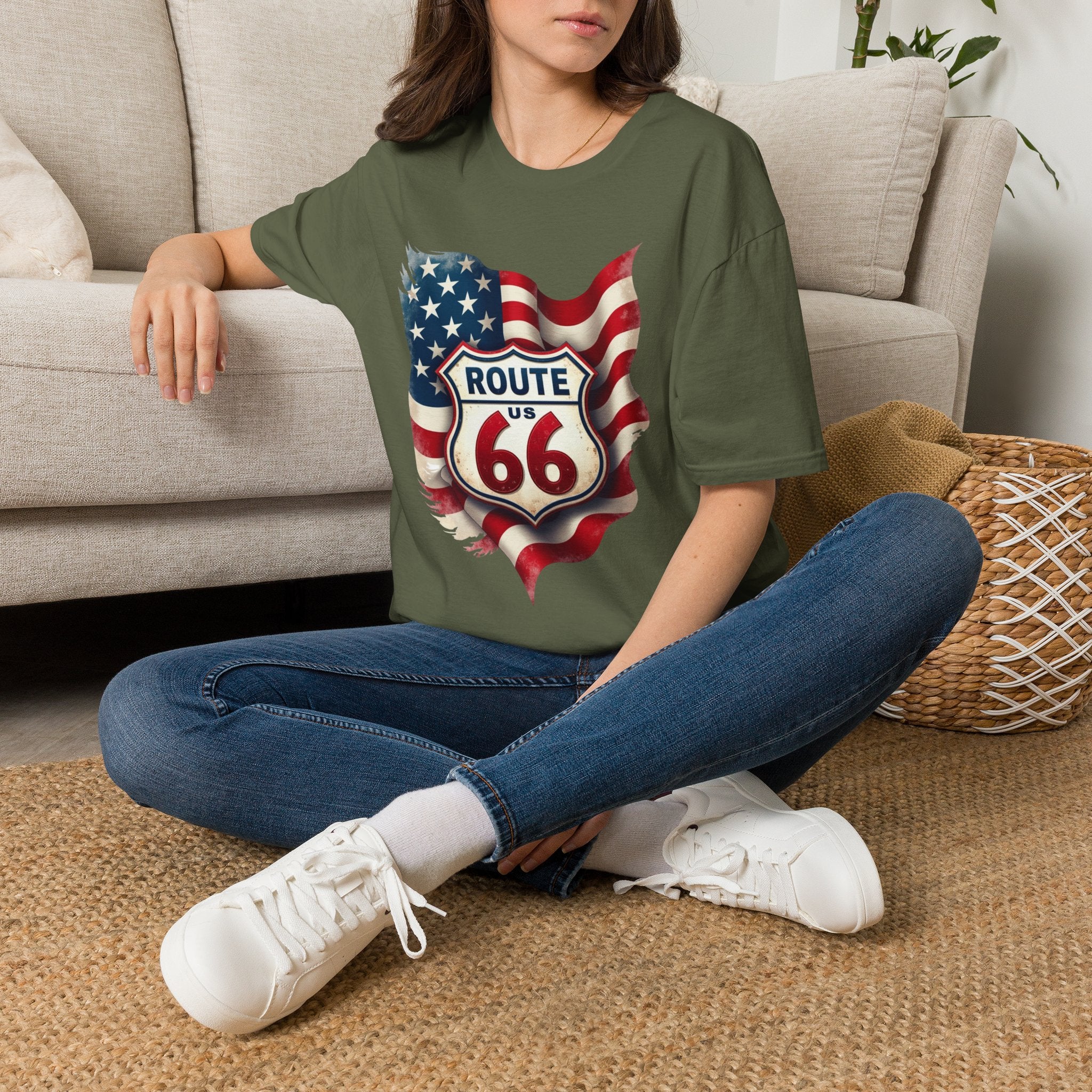 Route 66 Shield with American Flag T-Shirt | Vintage Road Trip Tee