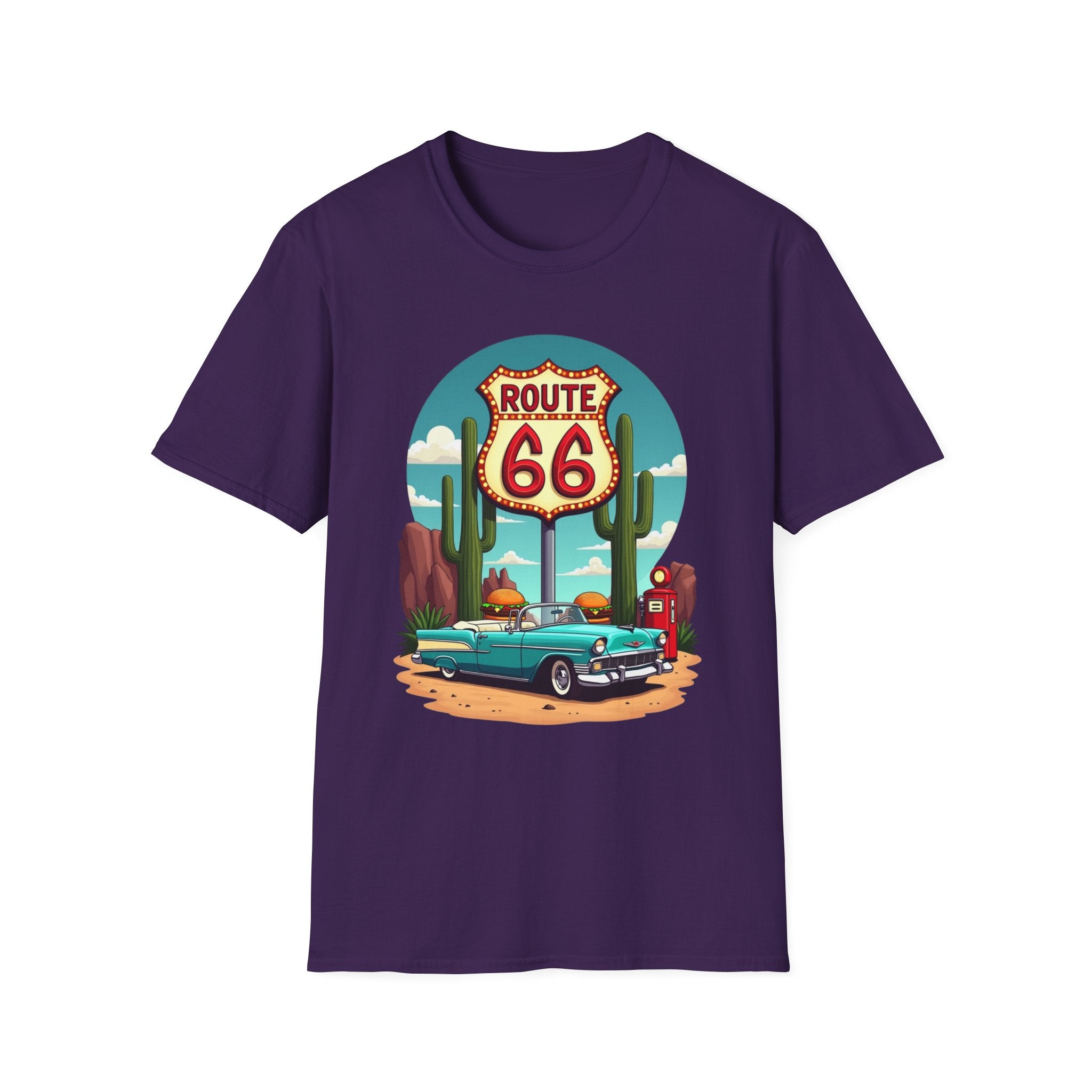 Route 66 Classic Car T-Shirt | Retro Desert Road Sign, Vintage Convertible