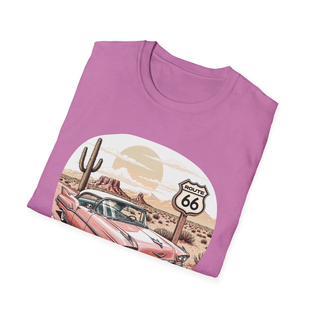 Retro Pink Classic Car Route 66 T-Shirt | Desert Cactus Vintage Roadtrip
