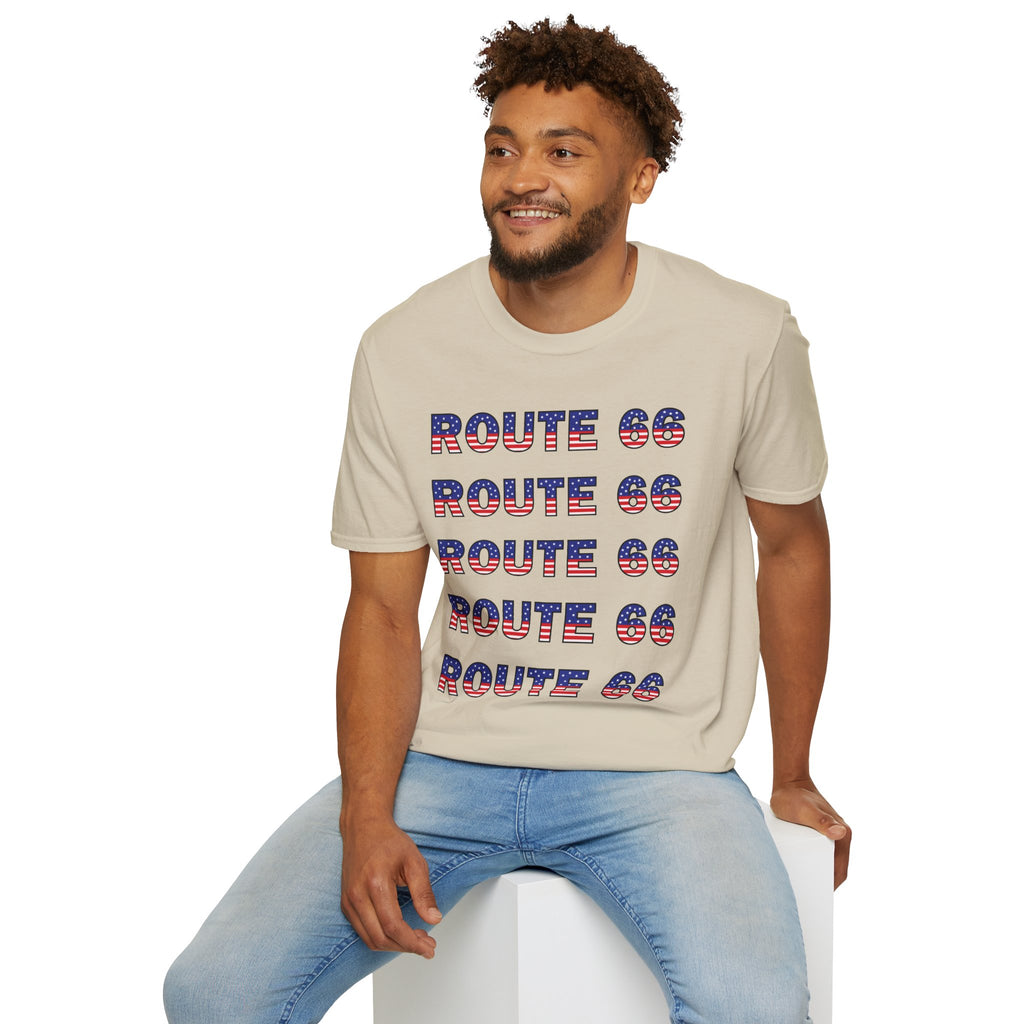 Route 66 Retro Text T-Shirt | American Flag Roadtrip Graphic