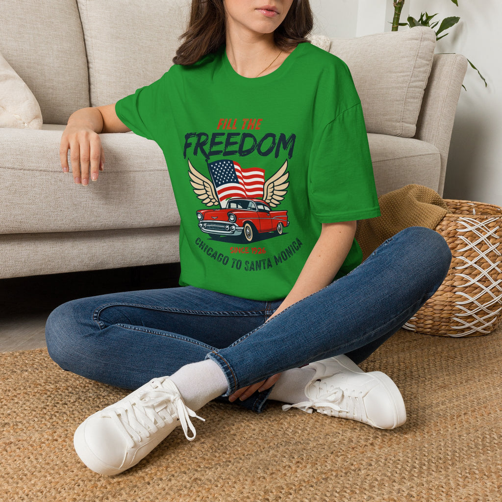 Fill the Freedom Vintage Car T-Shirt | American Flag Wings Chicago to Santa Monica Route 66