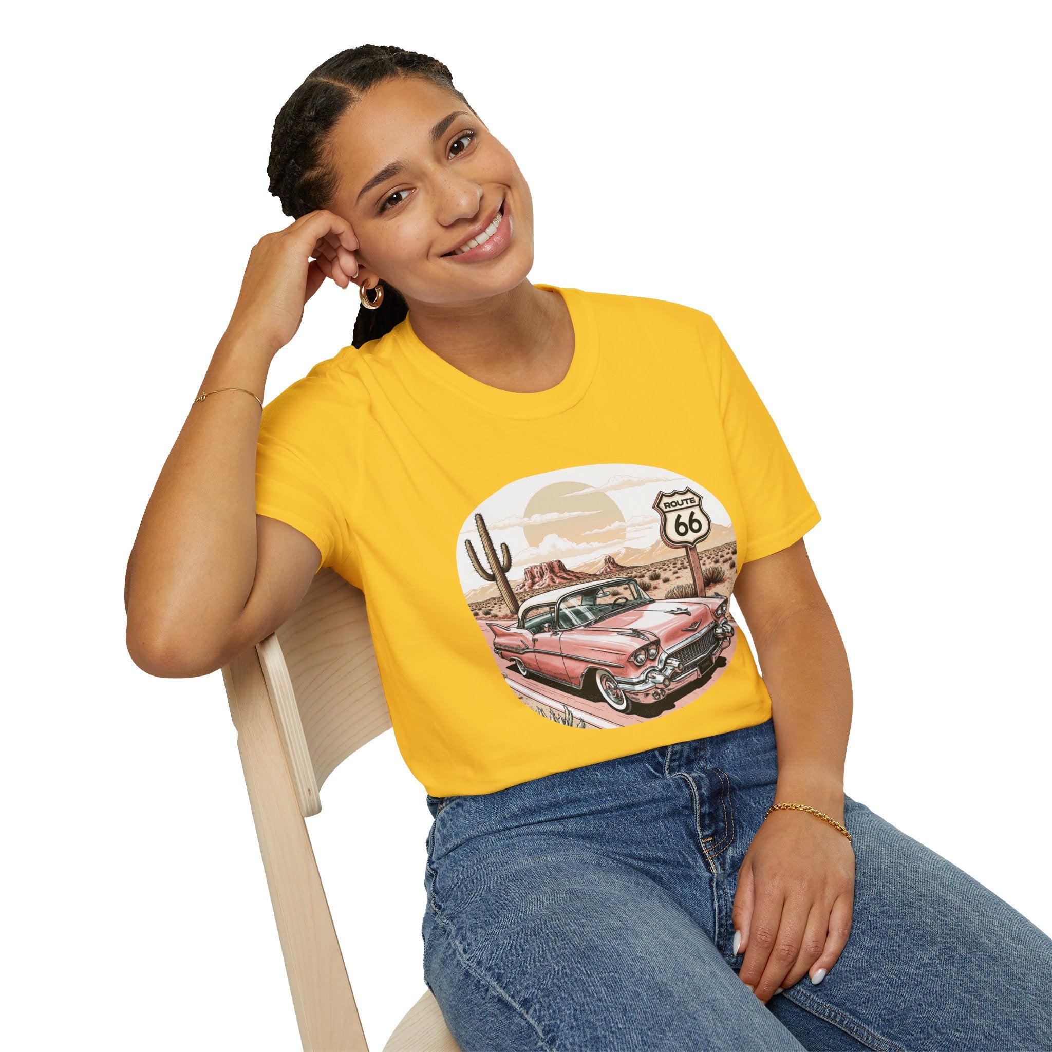Retro Pink Classic Car Route 66 T-Shirt | Desert Cactus Vintage Roadtrip