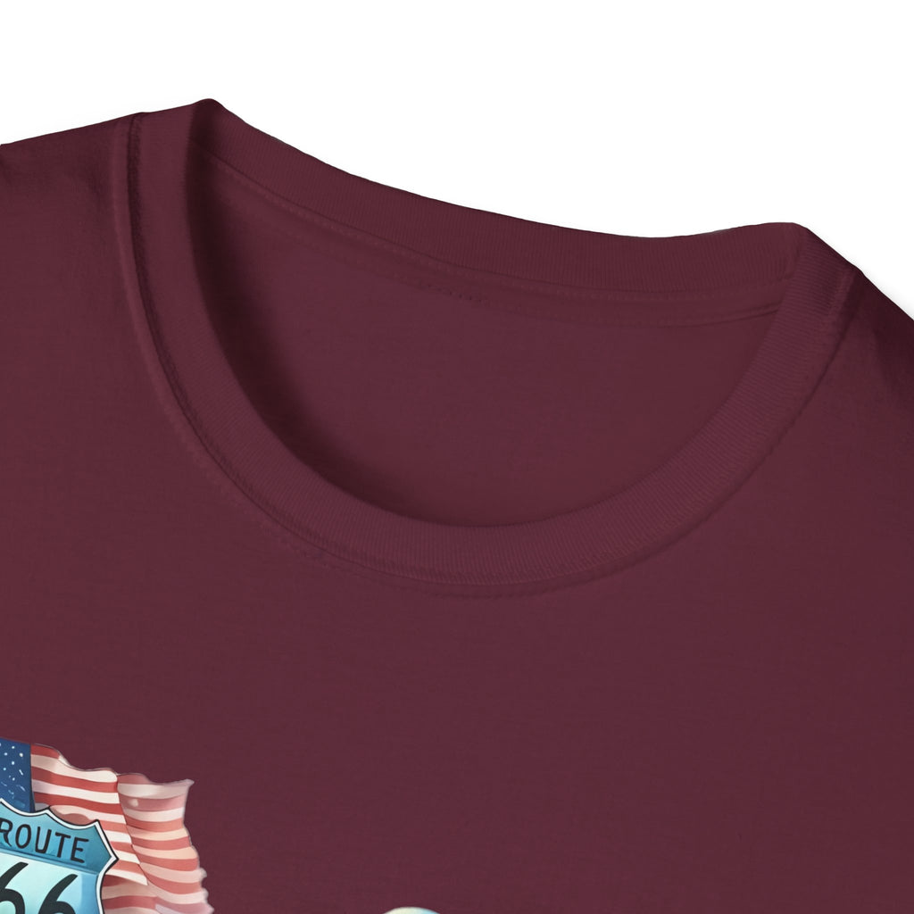 Route 66 Motorcycle Illustration T-Shirt | American Flag, Sunflowers