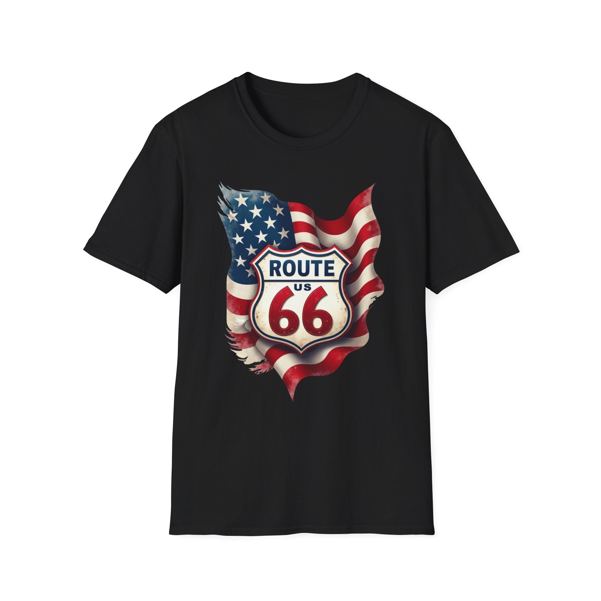 Route 66 Shield with American Flag T-Shirt | Vintage Road Trip Tee