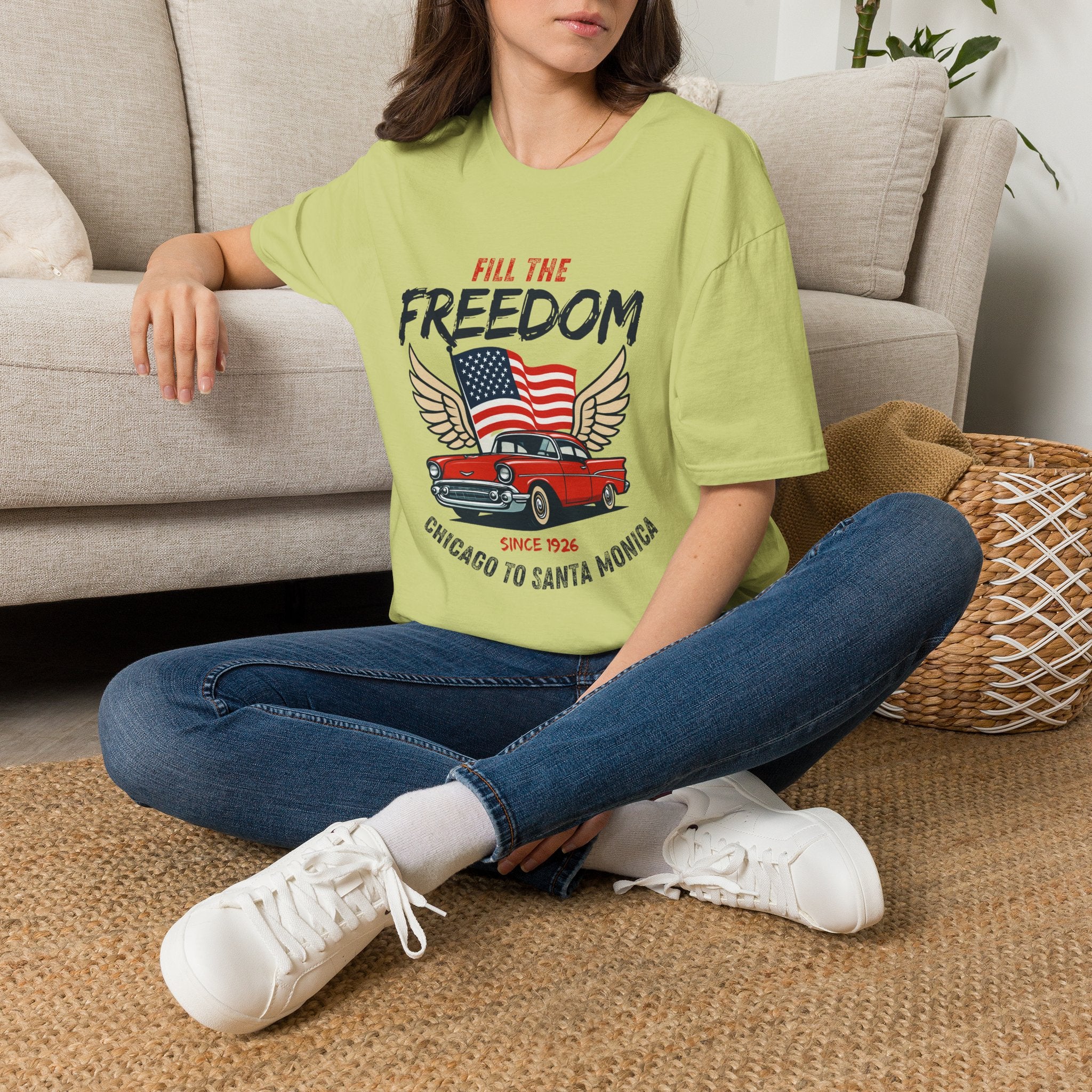Fill the Freedom Vintage Car T-Shirt | American Flag Wings Chicago to Santa Monica Route 66