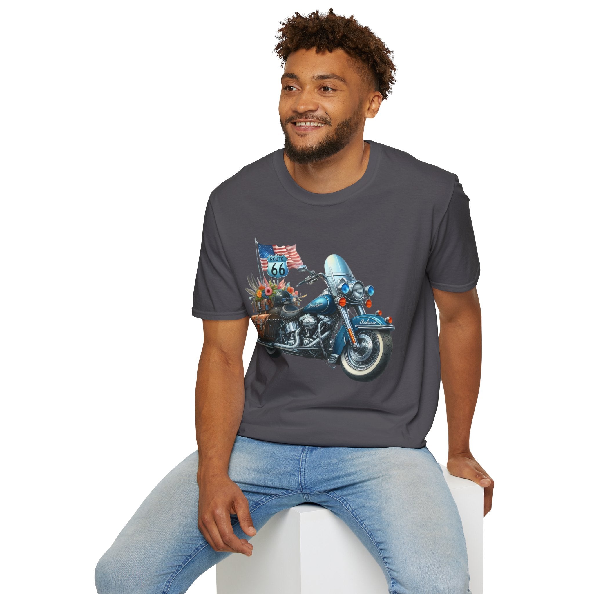 Route 66 Motorcycle Illustration T-Shirt | American Flag, Sunflowers