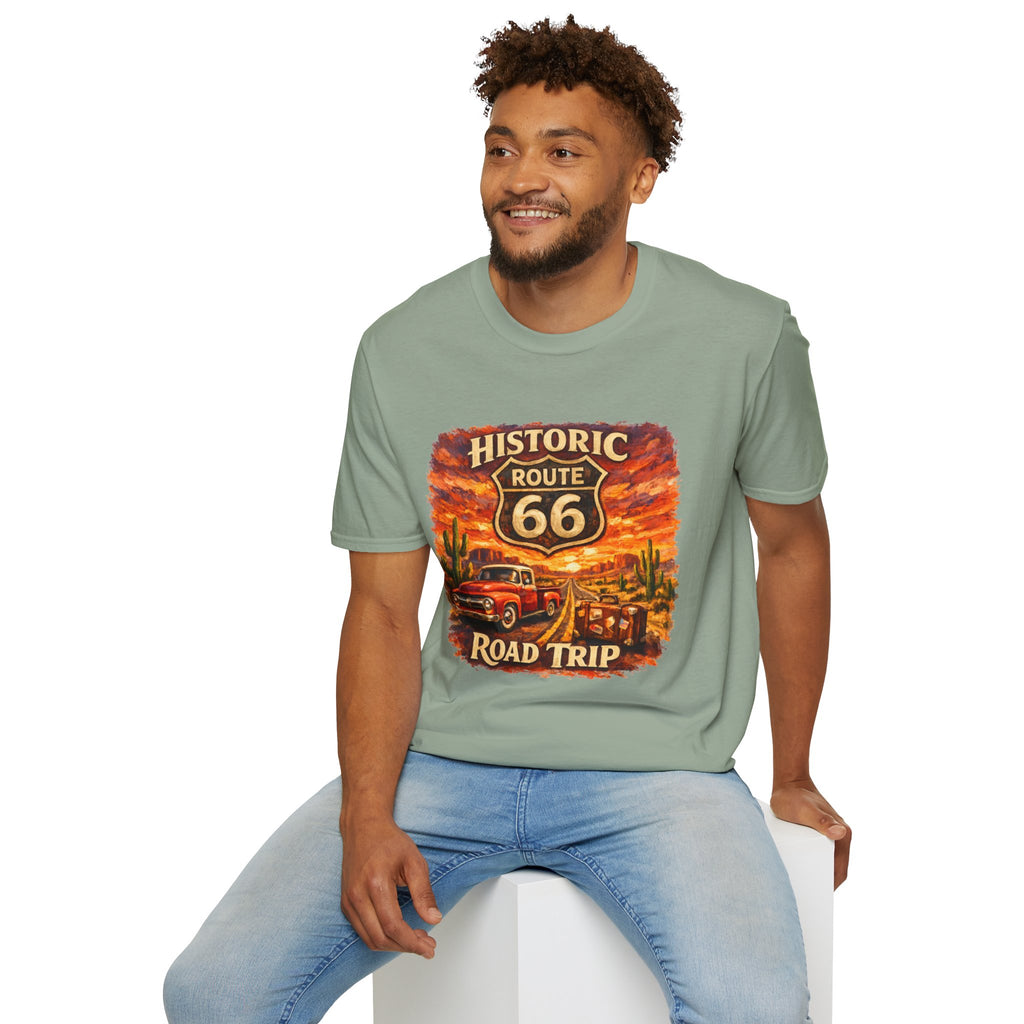 Historic Route 66 Road Trip T-Shirt | Vintage Car Desert Sunset
