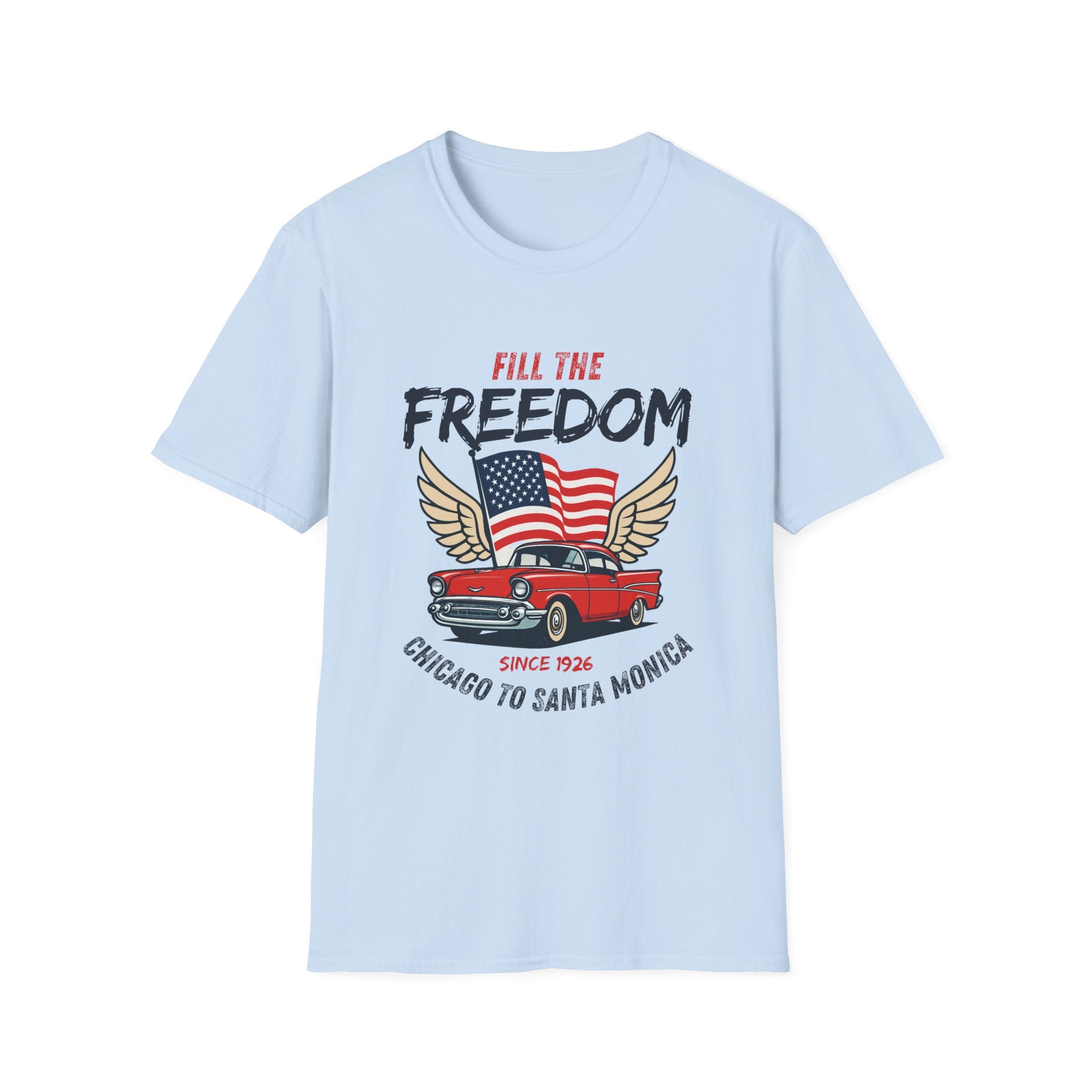 Fill the Freedom Vintage Car T-Shirt | American Flag Wings Chicago to Santa Monica