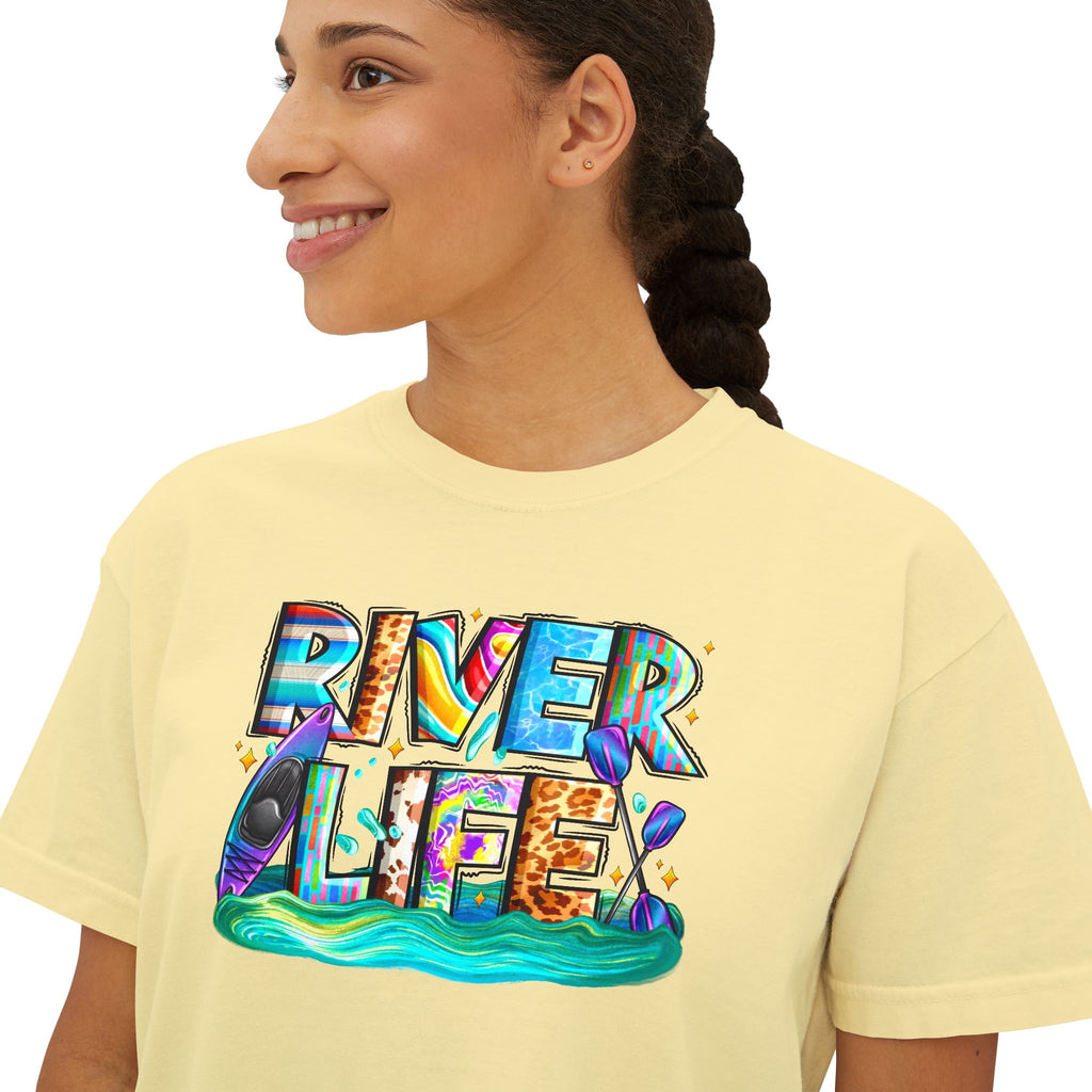 River Life boxy tee | colorful river lettering, kayak, fishing graphics