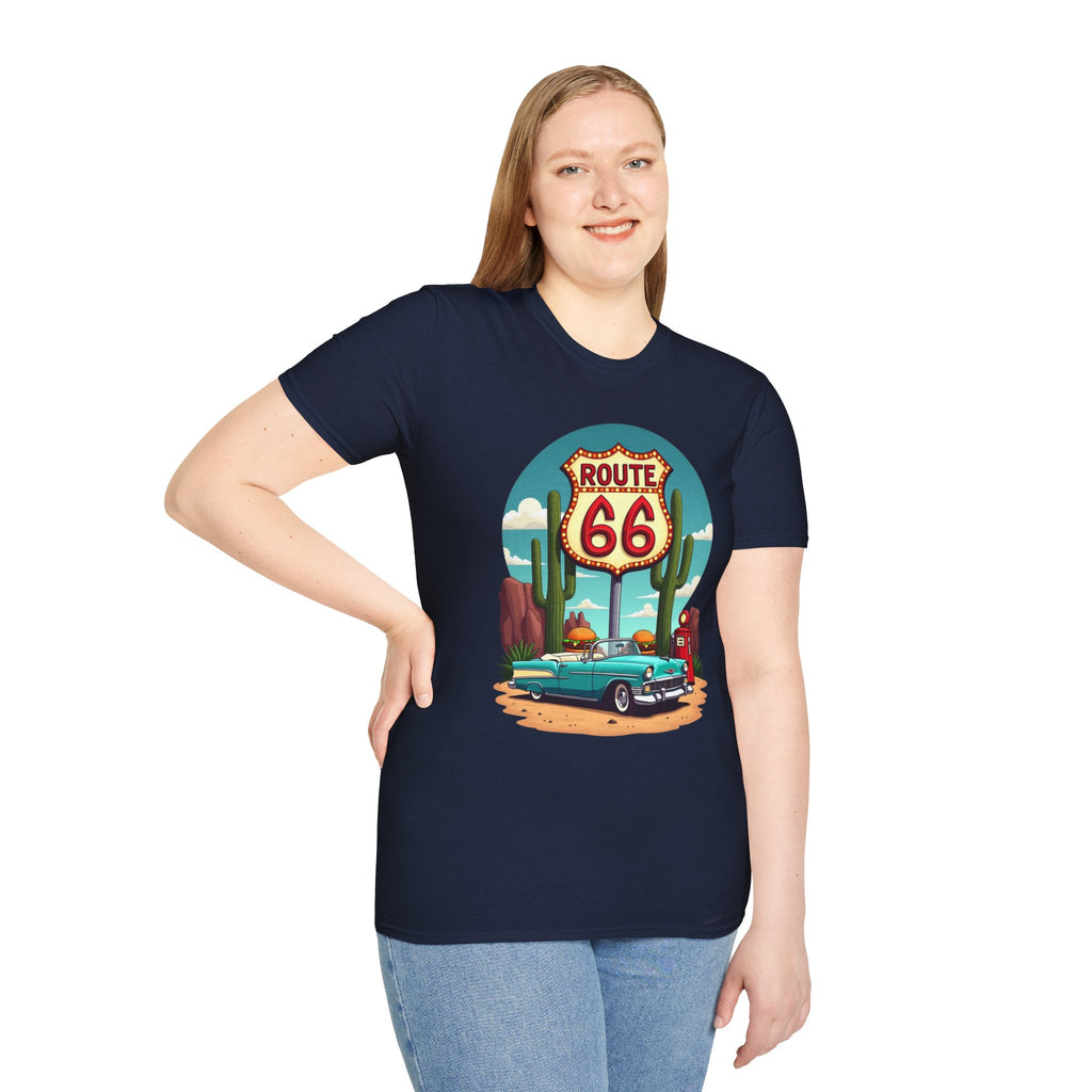 Route 66 Classic Car T-Shirt | Retro Desert Road Sign, Vintage Convertible