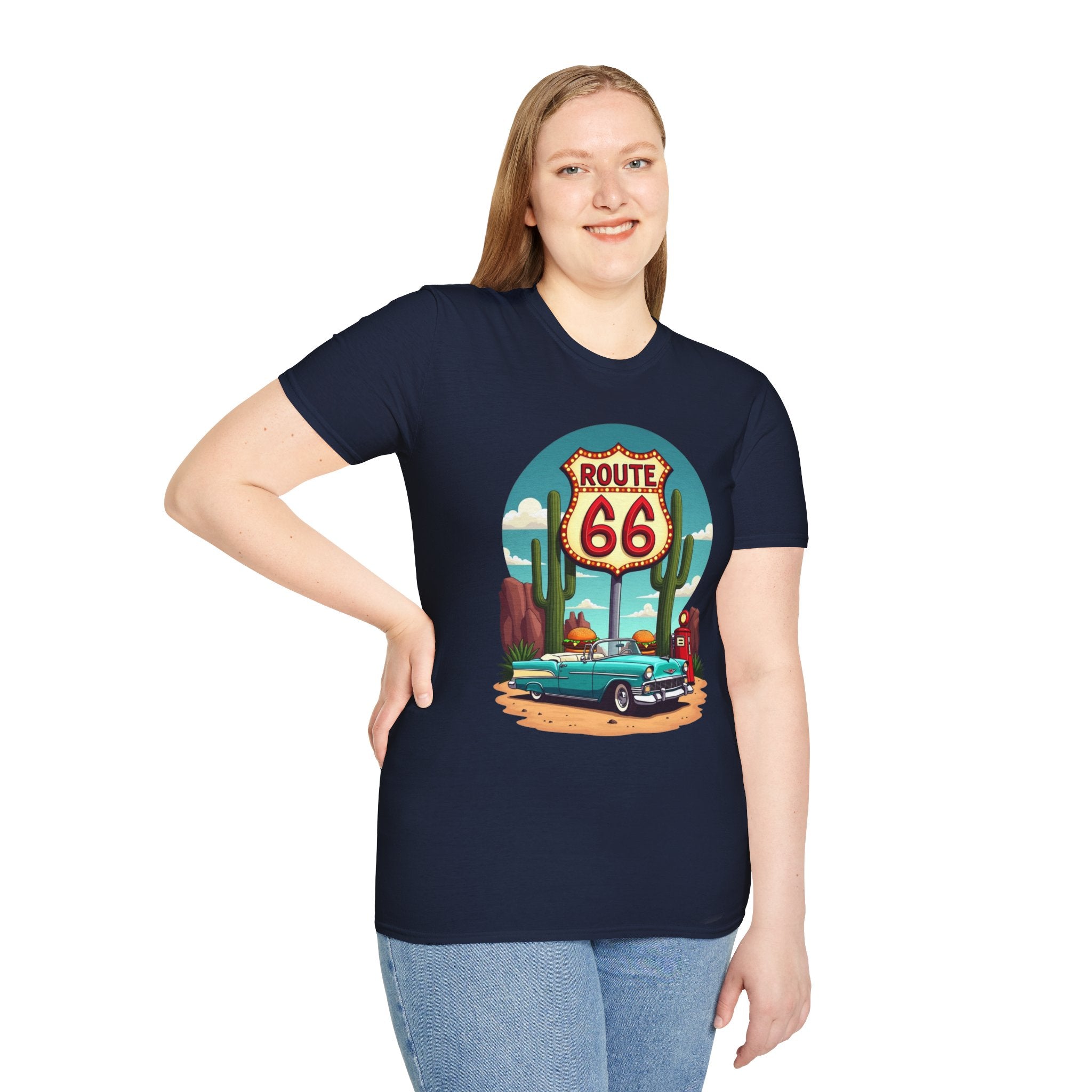 Route 66 Classic Car T-Shirt | Retro Desert Road Sign, Vintage Convertible