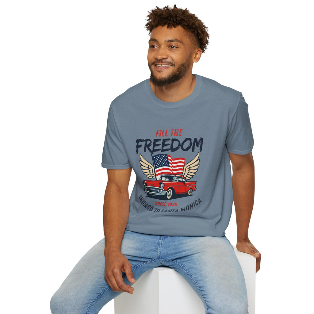 Fill the Freedom Vintage Car T-Shirt | American Flag Wings Chicago to Santa Monica Route 66