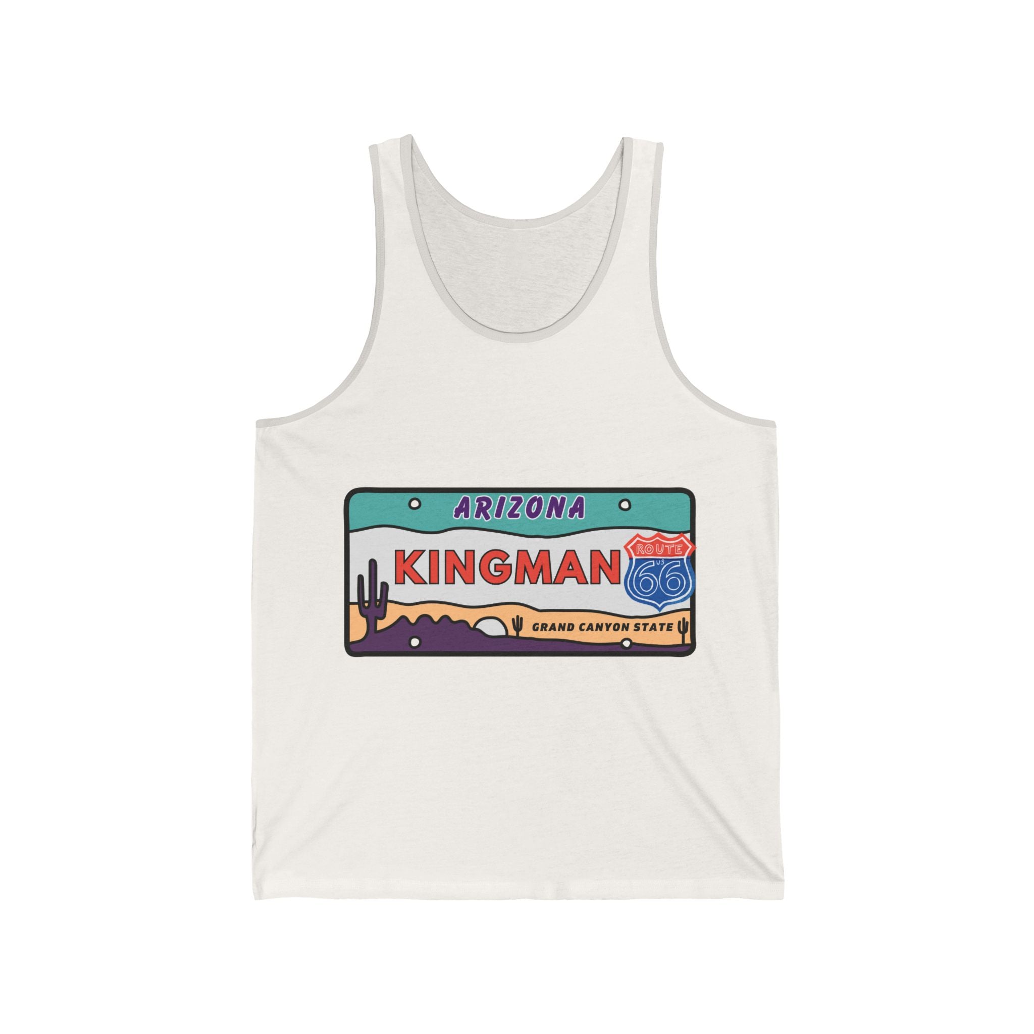 Kingman Tank Top Route 66 License Plate Unisex Jersey Tank, Mens Womans Graphic Sleeveless Shirt, Retro Vintage Road Trip Tee, Southwest