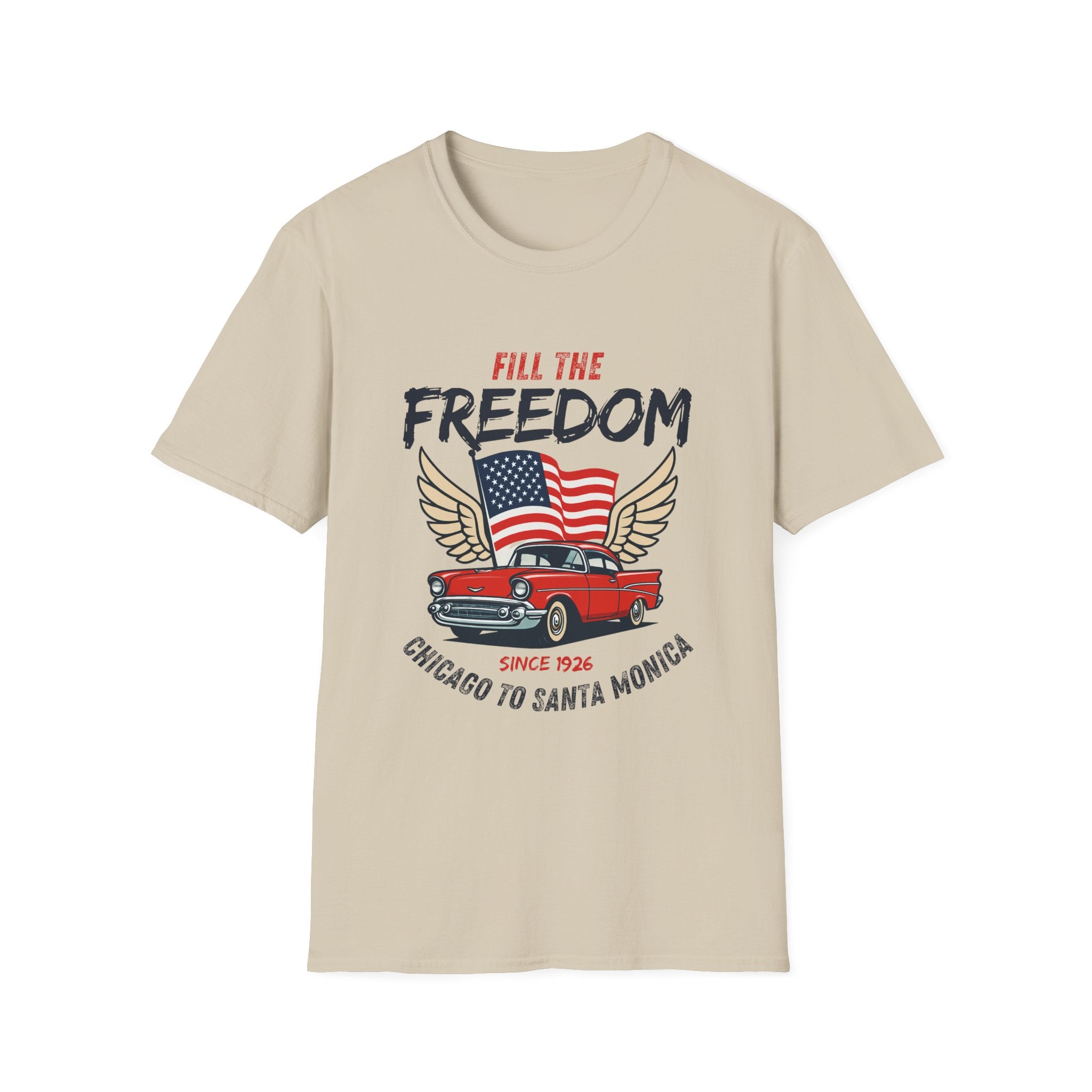Fill the Freedom Vintage Car T-Shirt | American Flag Wings Chicago to Santa Monica