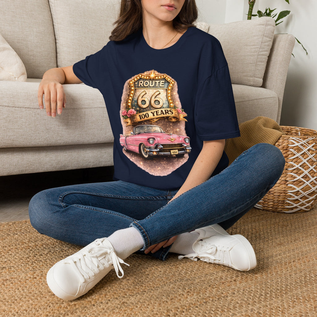 Route 66 100 Years Pink Classic Car T-Shirt | Vintage Road Trip Tee