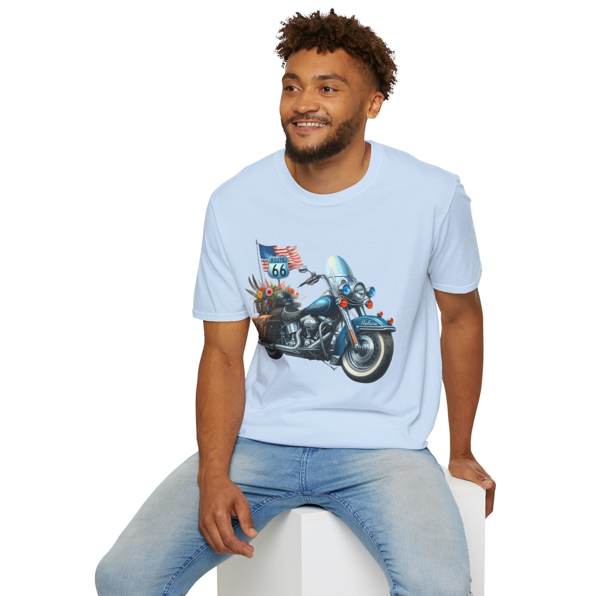 Route 66 Motorcycle Illustration T-Shirt | American Flag, Sunflowers