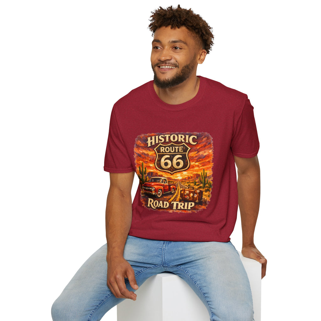 Historic Route 66 Road Trip T-Shirt | Vintage Car Desert Sunset