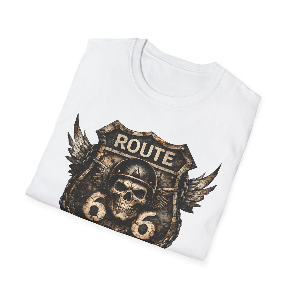 Route 66 Skull Badge T-Shirt | Ride the Legend, Winged Helmet Motorcycle Design