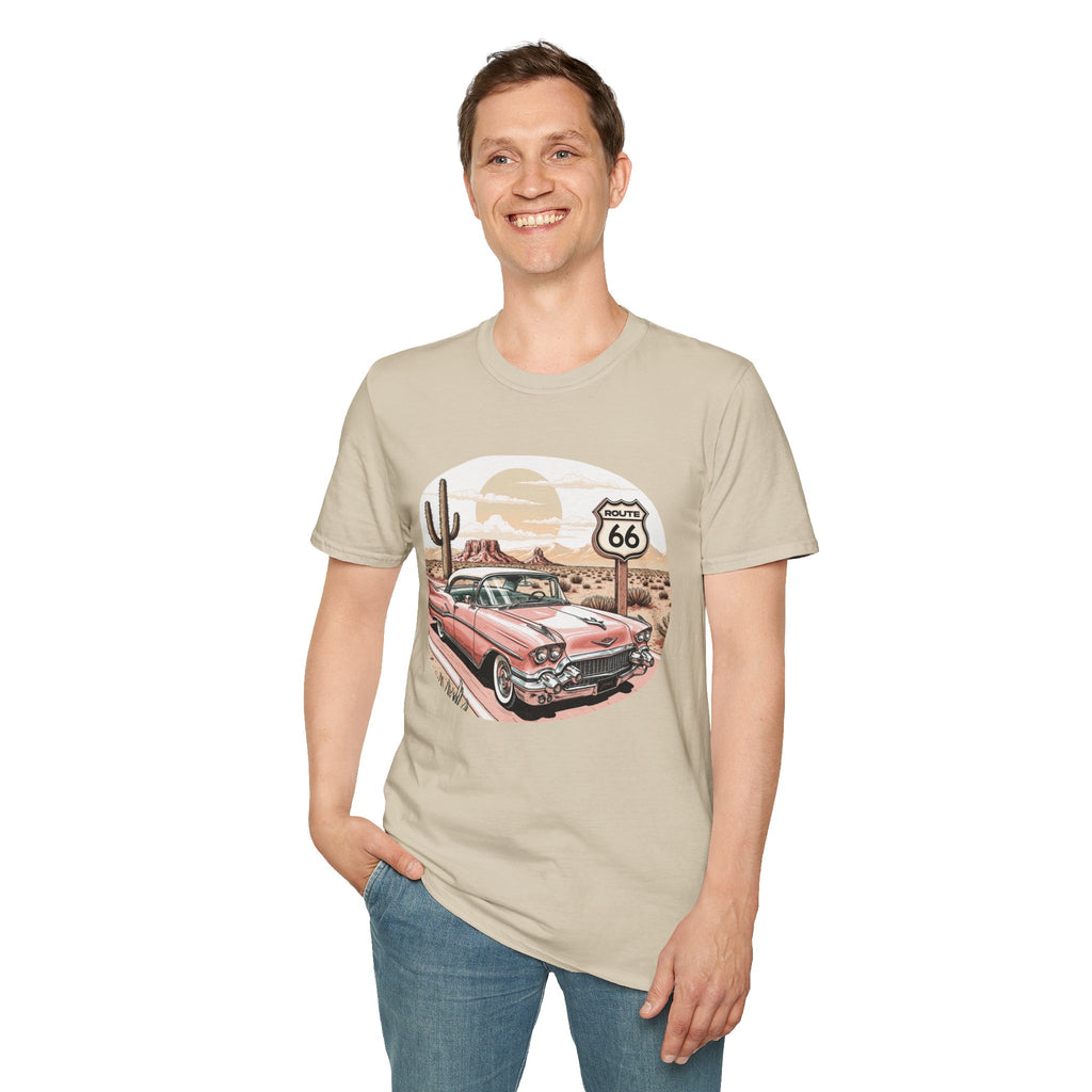Retro Pink Classic Car Route 66 T-Shirt | Desert Cactus Vintage Roadtrip