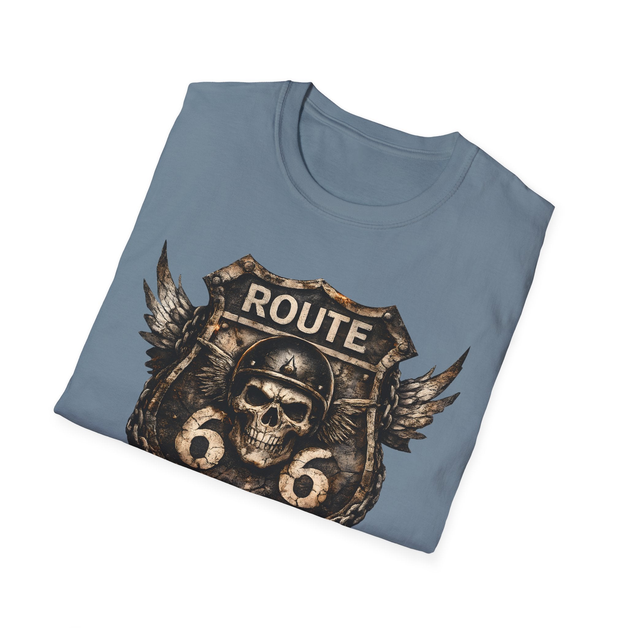 Route 66 Skull Badge T-Shirt | Ride the Legend, Winged Helmet Motorcycle Design