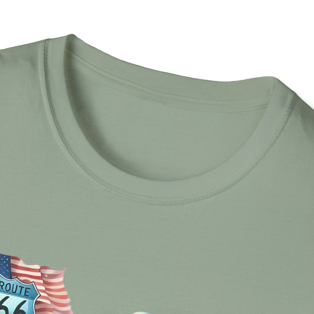 Route 66 Motorcycle Illustration T-Shirt | American Flag, Sunflowers