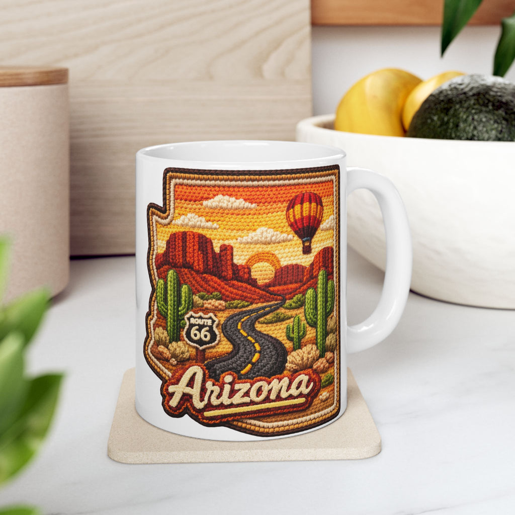 Arizona Desert Patch Mug | Hot Air Balloon, Cactus, Sunset Scene