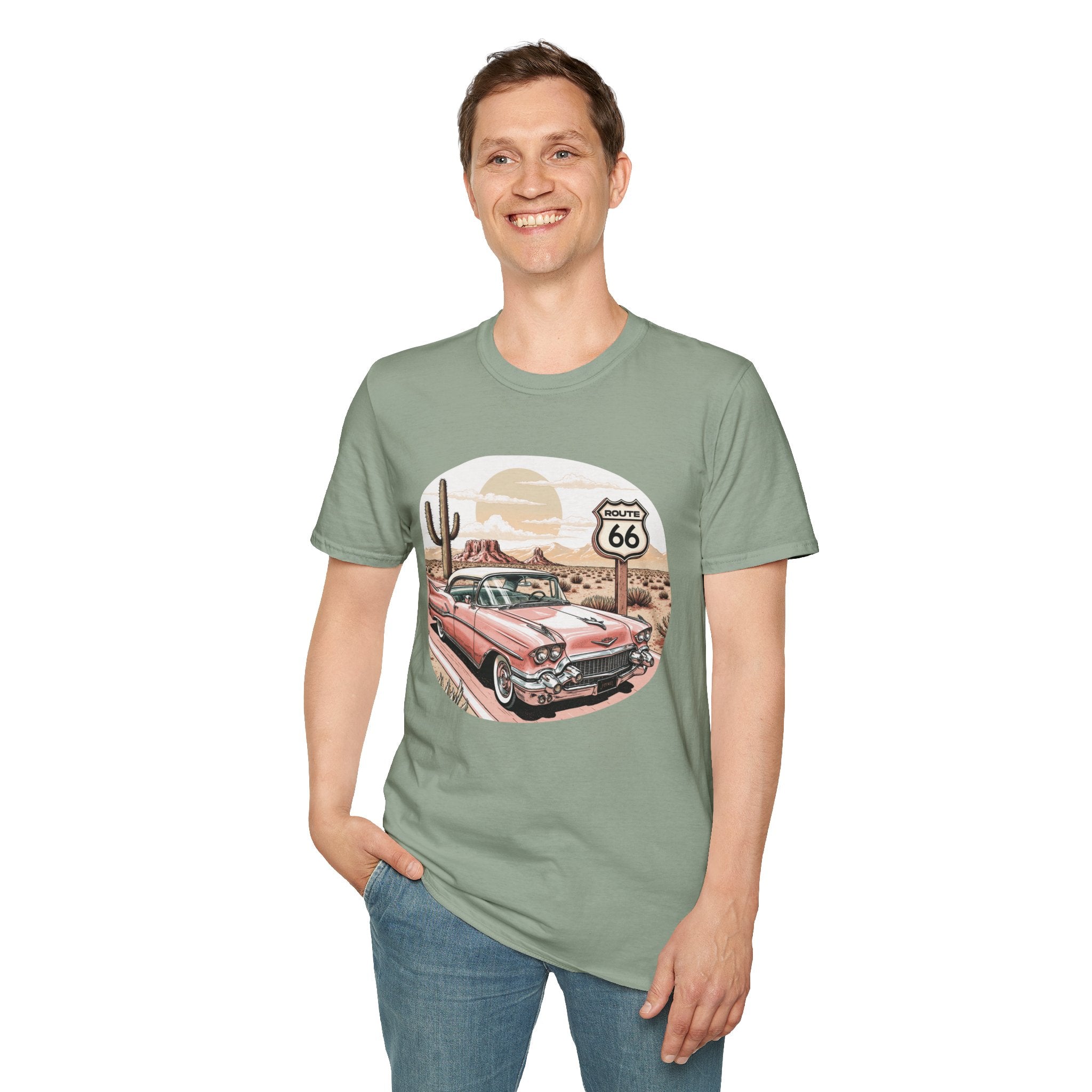 Retro Pink Classic Car Route 66 T-Shirt | Desert Cactus Vintage Roadtrip