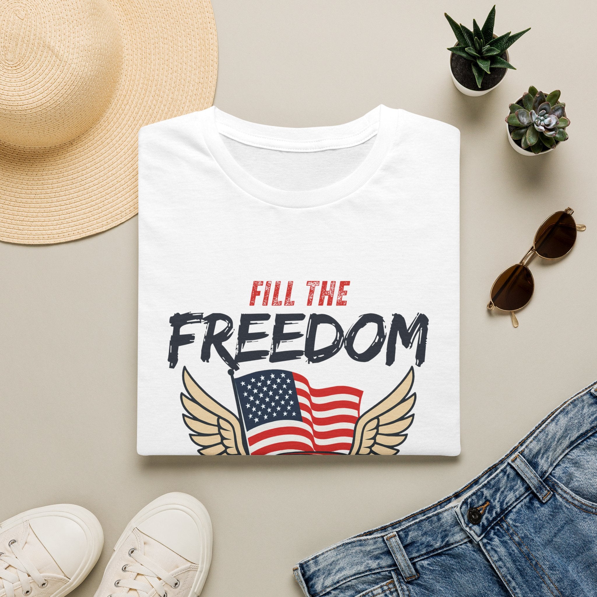 Fill the Freedom Vintage Car T-Shirt | American Flag Wings Chicago to Santa Monica Route 66