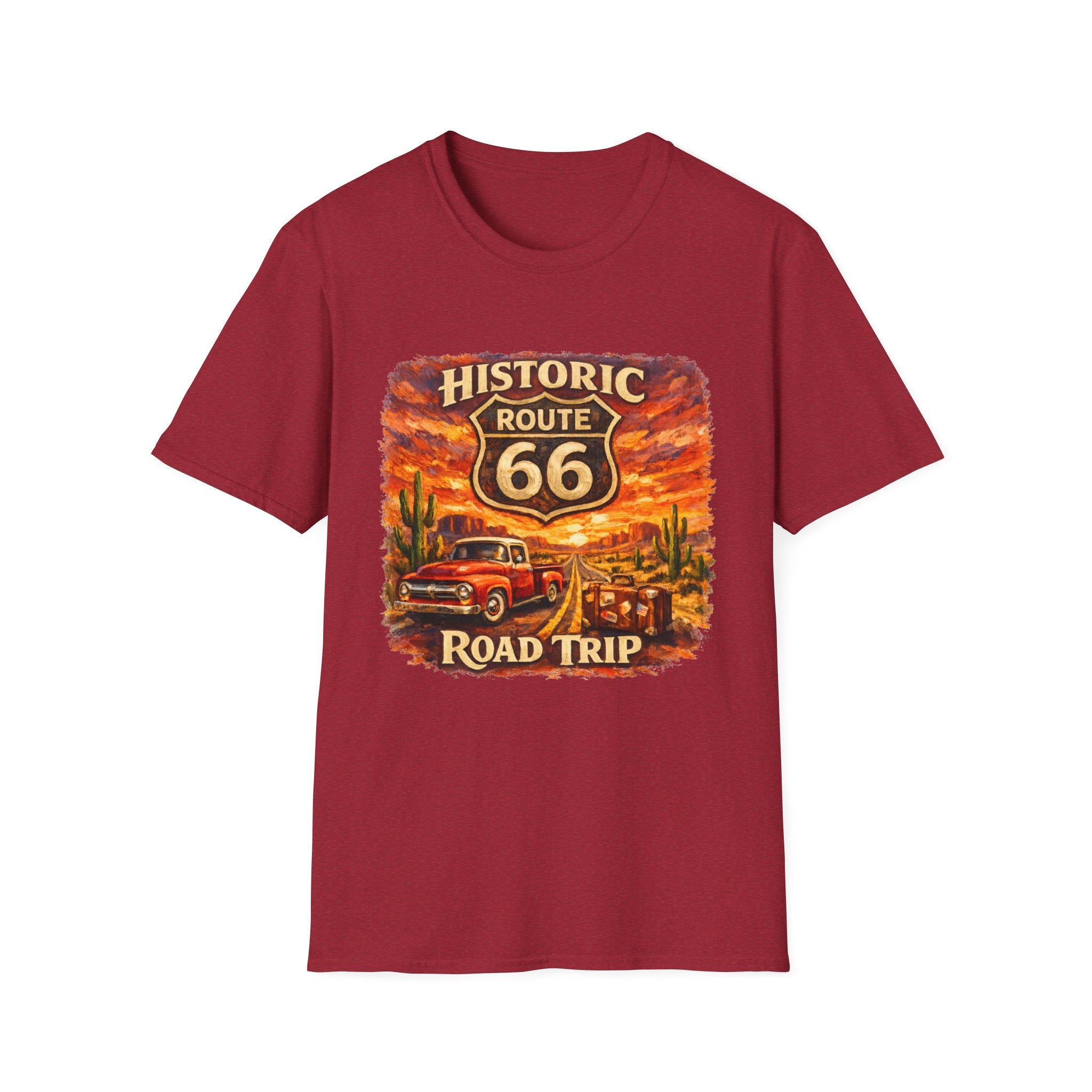 Historic Route 66 Road Trip T-Shirt | Vintage Car Desert Sunset