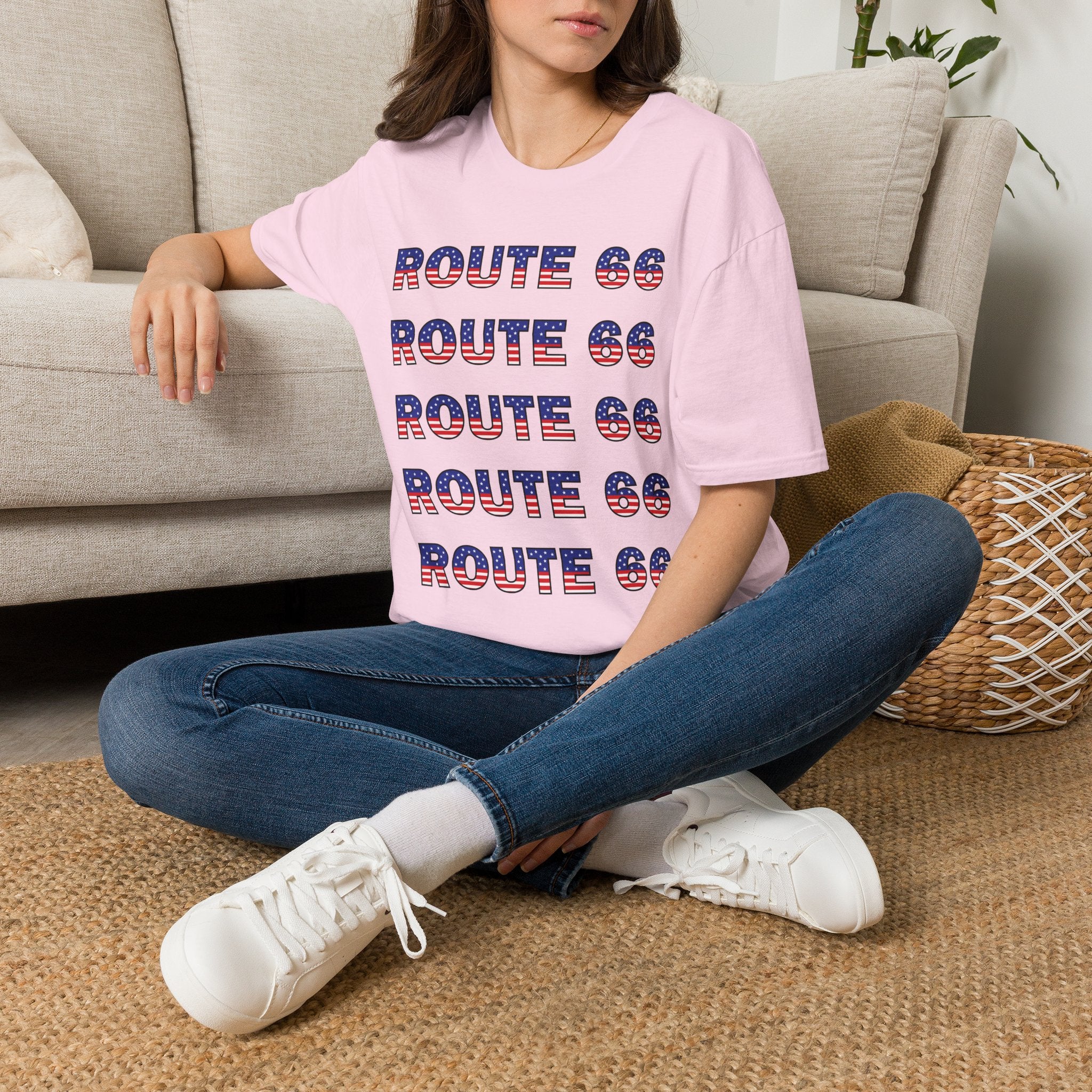 Route 66 Retro Text T-Shirt | American Flag Roadtrip Graphic