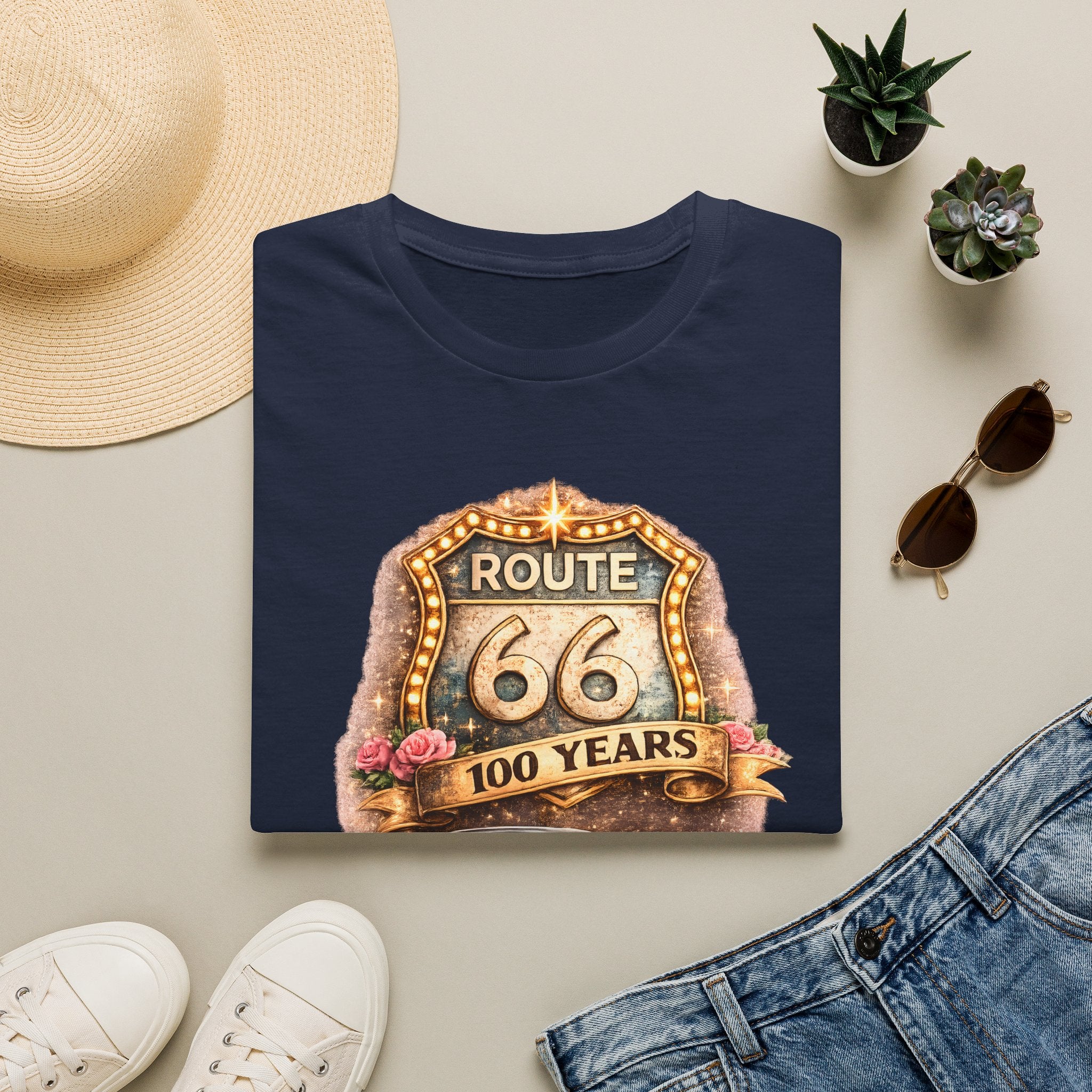 Route 66 100 Years Pink Classic Car T-Shirt | Vintage Road Trip Tee