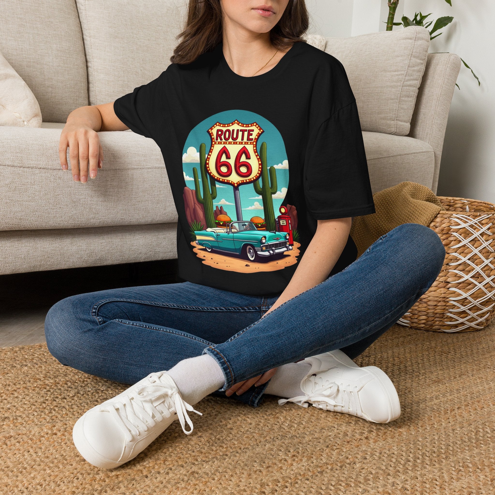 Route 66 Classic Car T-Shirt | Retro Desert Road Sign, Vintage Convertible