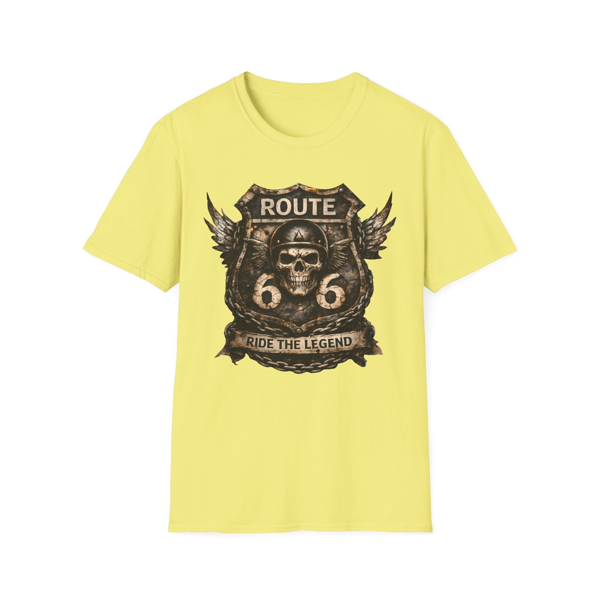 Route 66 Skull Badge T-Shirt | Ride the Legend, Winged Helmet Motorcycle Design