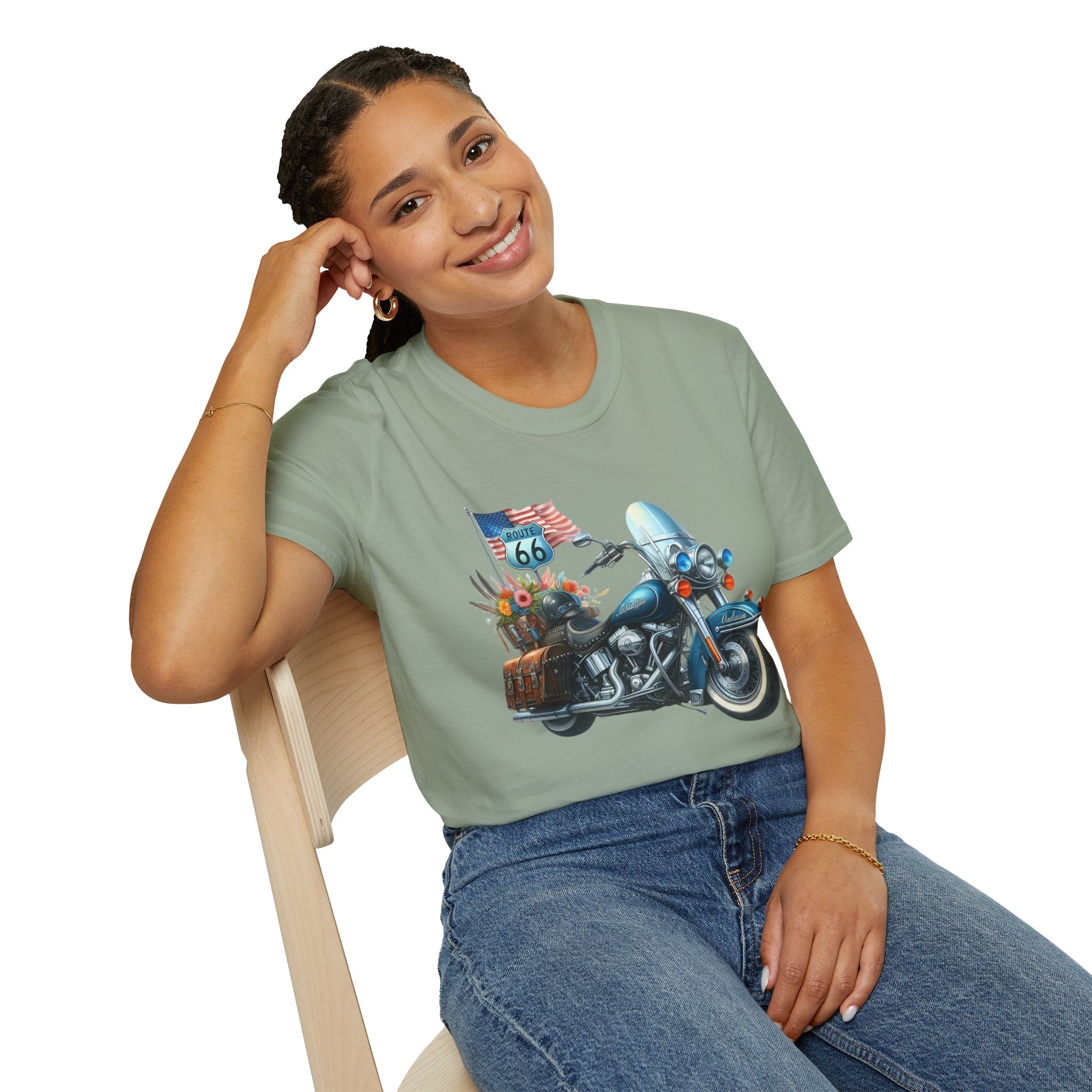 Route 66 Motorcycle Illustration T-Shirt | American Flag, Sunflowers