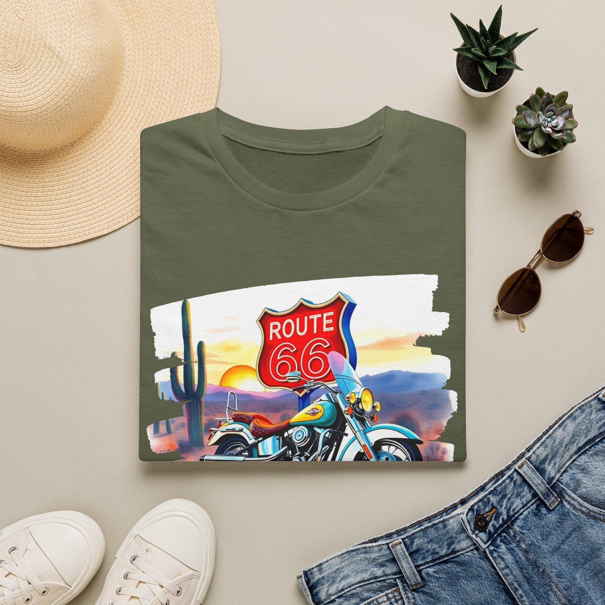 Route 66 Motorcycle T-Shirt | Desert Sunset Biker Graphic
