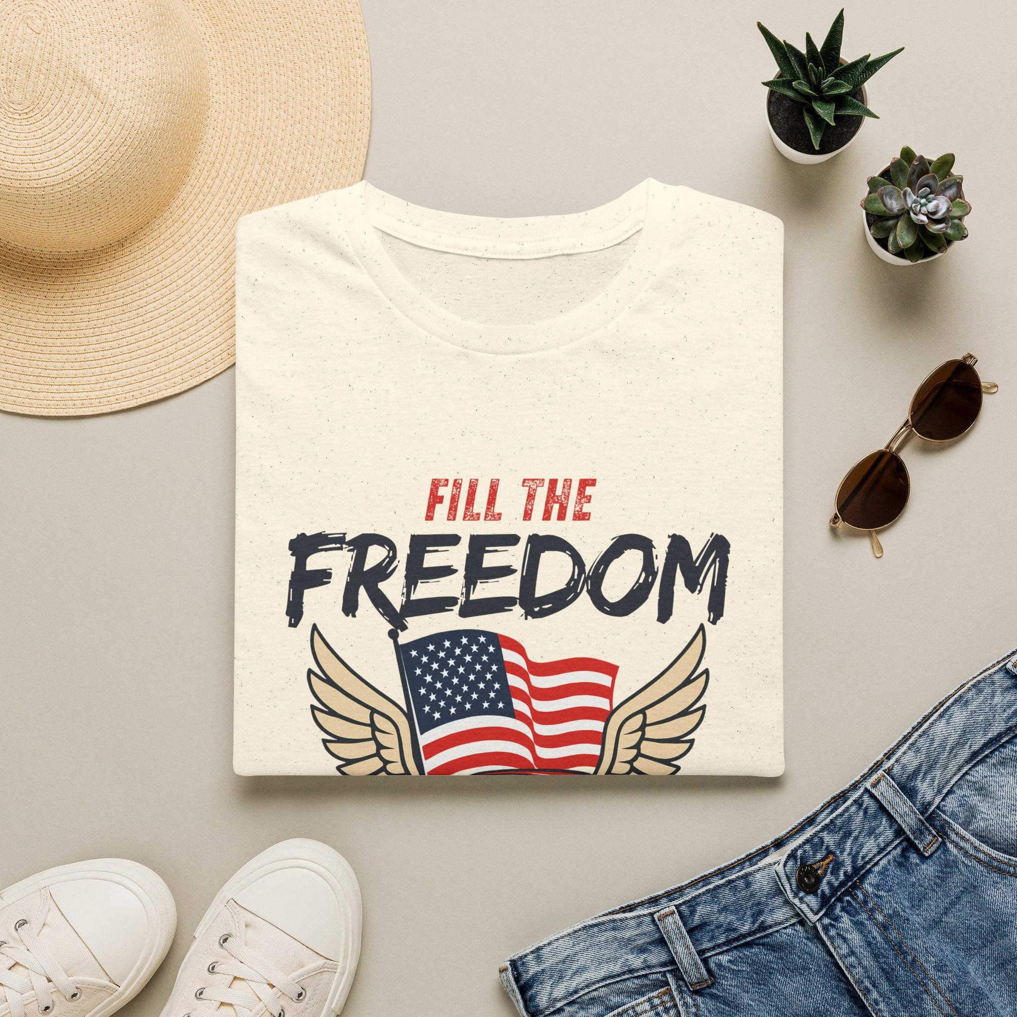 Fill the Freedom Vintage Car T-Shirt | American Flag Wings Chicago to Santa Monica Route 66