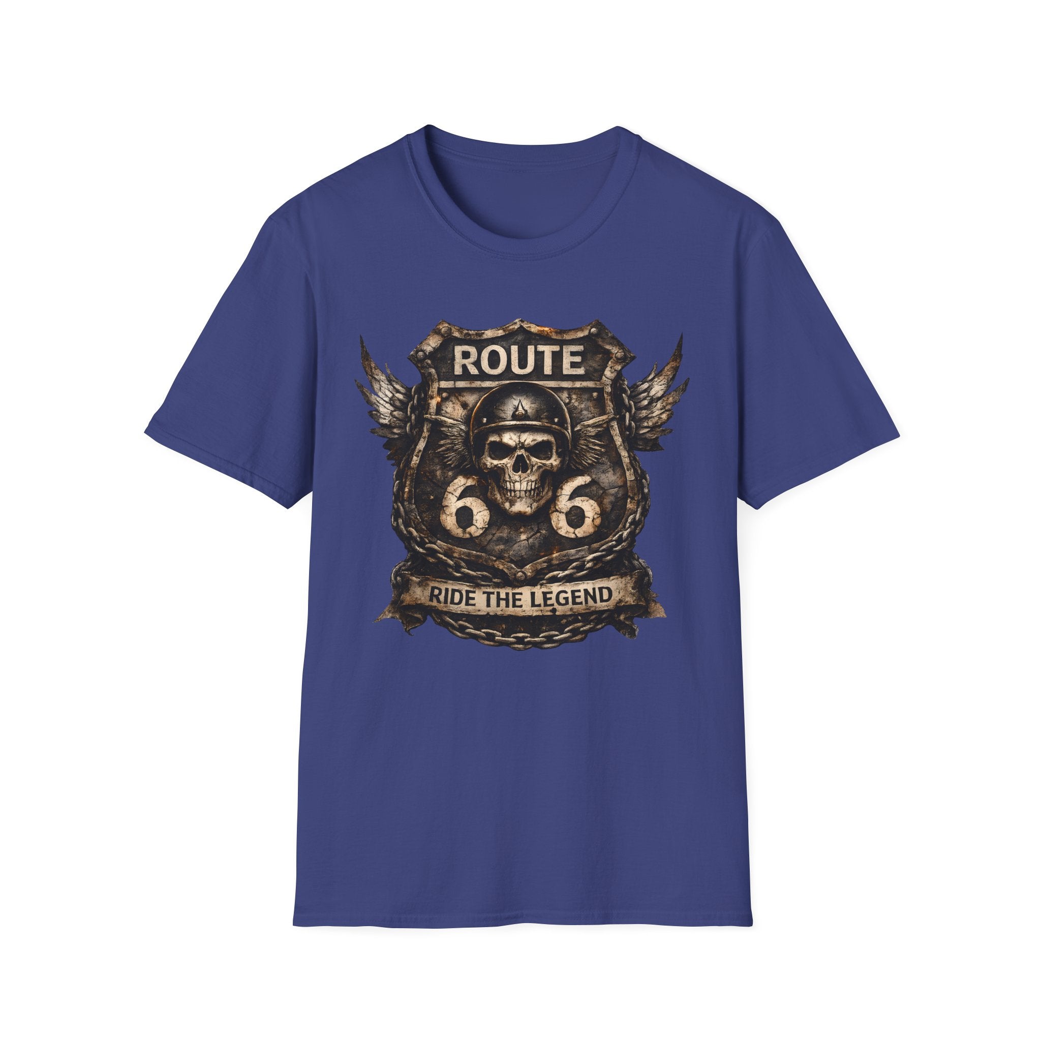 Route 66 Skull Badge T-Shirt | Ride the Legend, Winged Helmet Motorcycle Design
